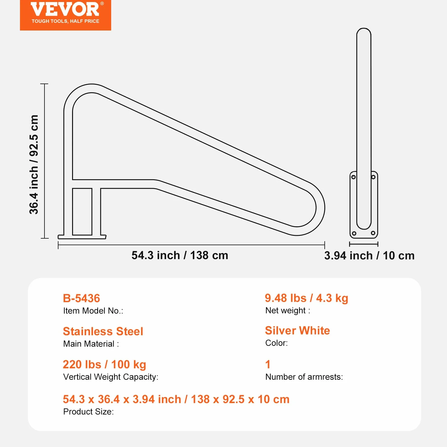 VEVOR Barandilla para Piscina 1420 x 945 x 100 mm Pasamanos de Acero Inoxidable con Placa Base