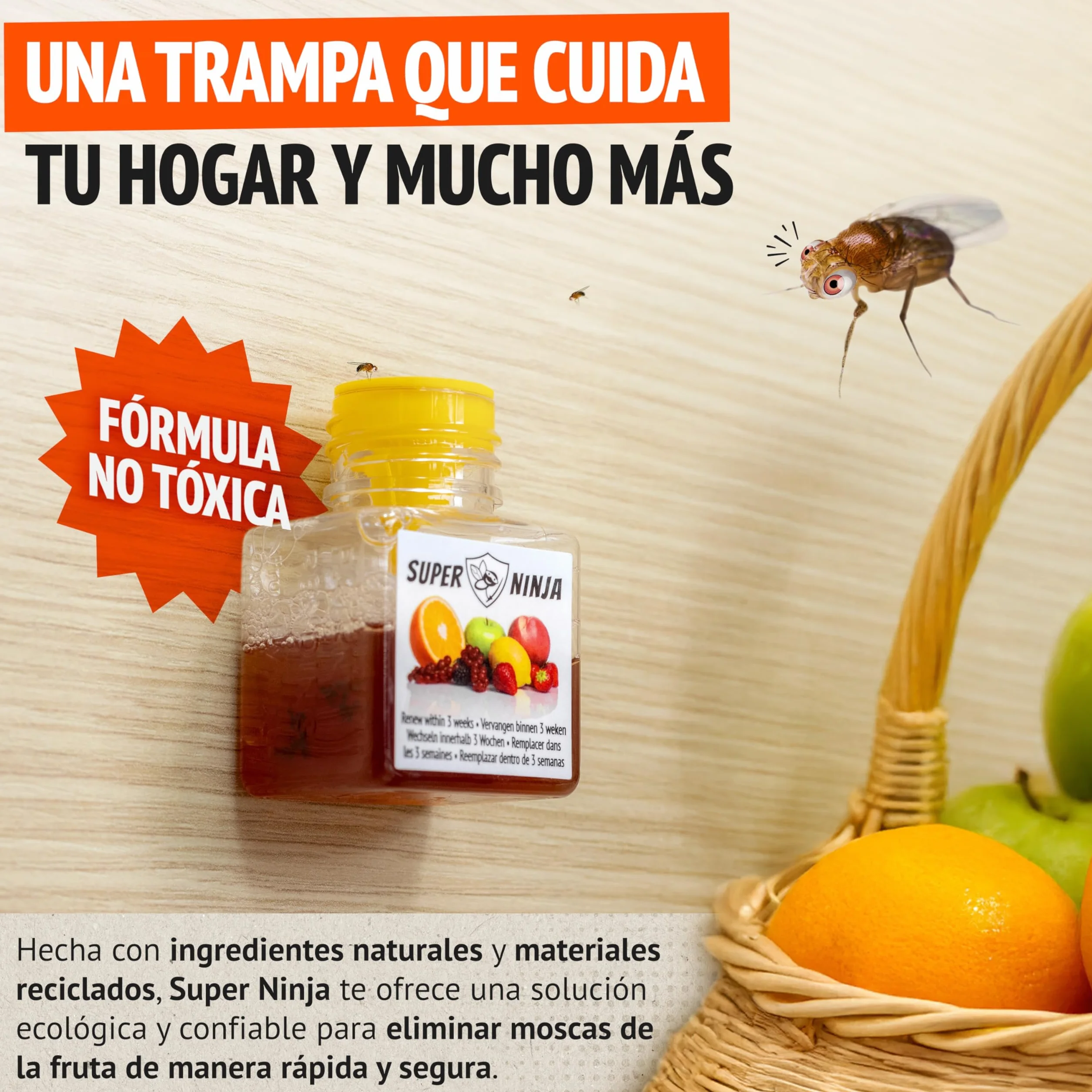 Trampas para Moscas de la Fruta Pack de 4, Trampa para Moscas Interior Hogar y Cocina, Cebo Líquido Efectivo