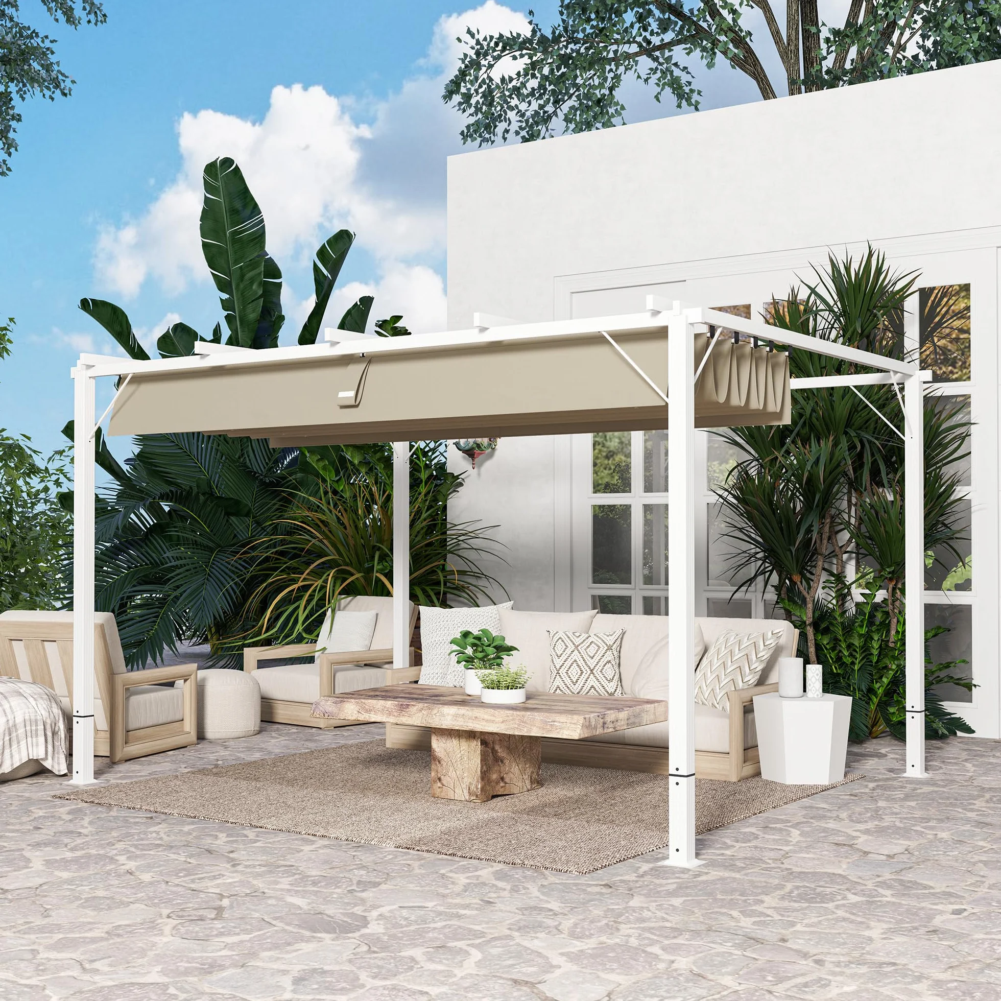Outsunny Pérgola Exterior Aluminio Retráctil 3x4 m, Cenador Techo Poliéster 180g/m², Protección Solar UPF30+, Blanco