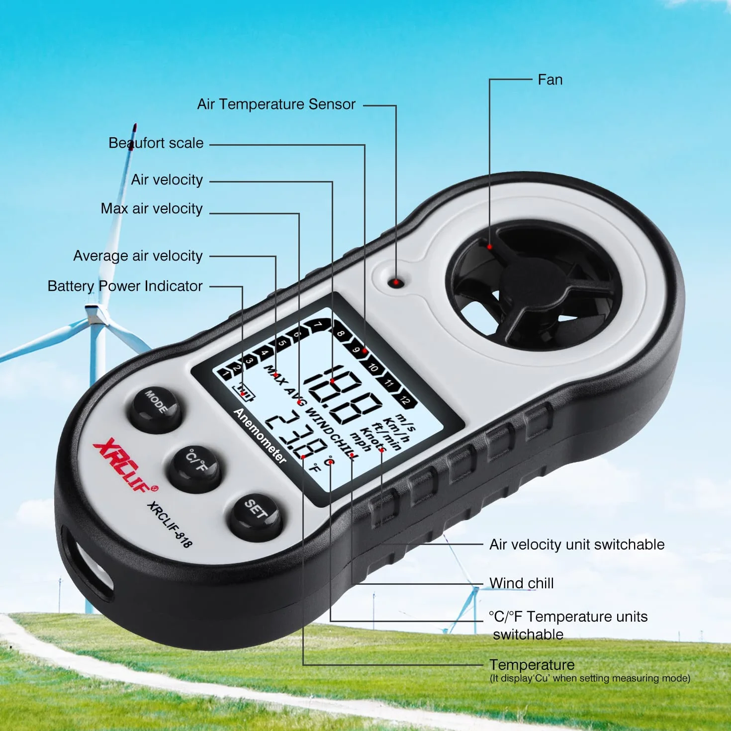 Anemómetro digital de velocidad del viento medidor de flujo de aire para temperatura y velocidad gris