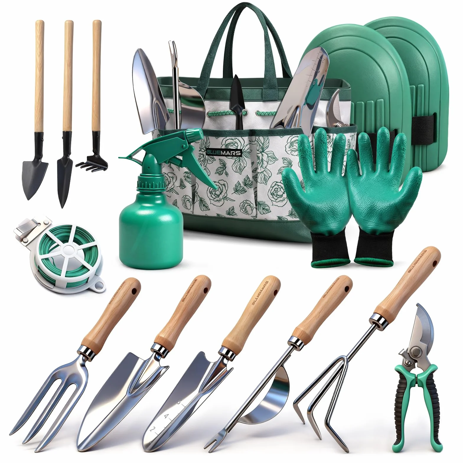 Bluemars Gardening Hand Tool Kit 14PCS Heavy Duty Stainless Steel Garden Tool Set with Floral Garden Tote -Outdoor Gardening Transplanting Gifts for Women