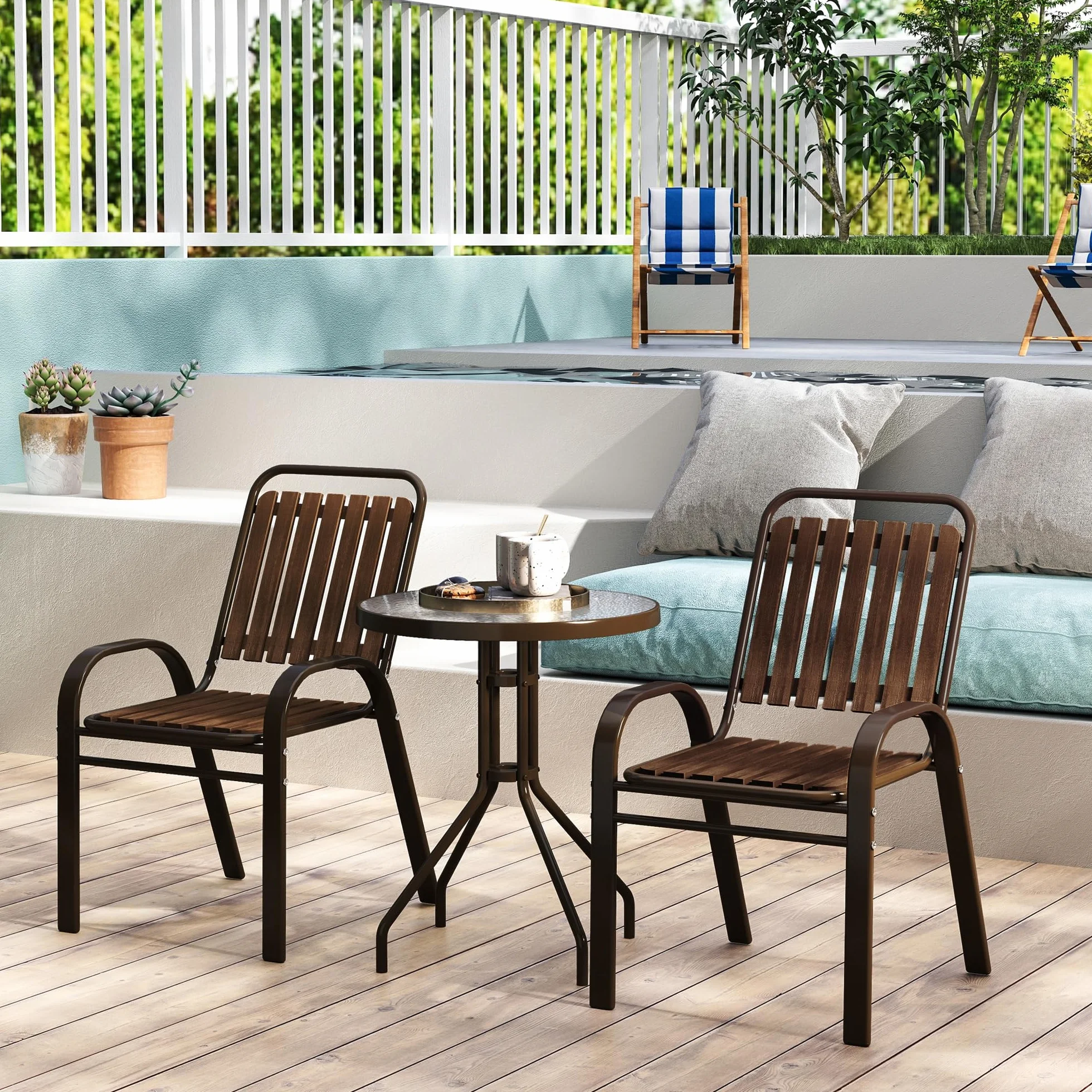 Outsunny Conjunto Jardín 3 Piezas Muebles Jardín Sillas Apilables Mesa Vidrio Templado Acero Terraza Patio Marrón Oscuro