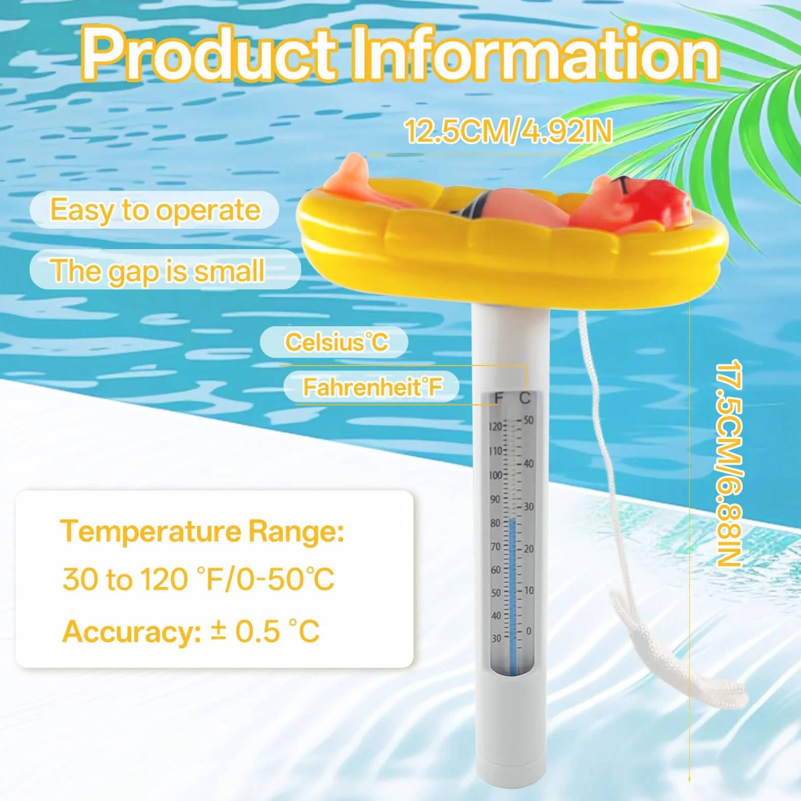 Termómetro de Piscina Flotante con Cuerda para Piscinas, Spas, Bañera