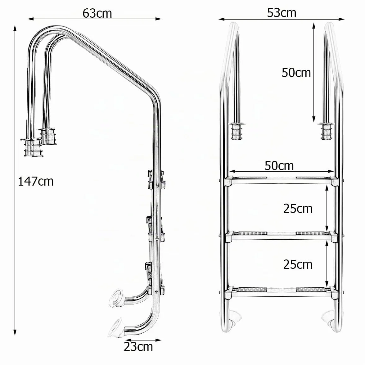 SOARS Escalera Piscina Acero Inoxidable 3 Peldaños 150 kg 53x63x147 cm