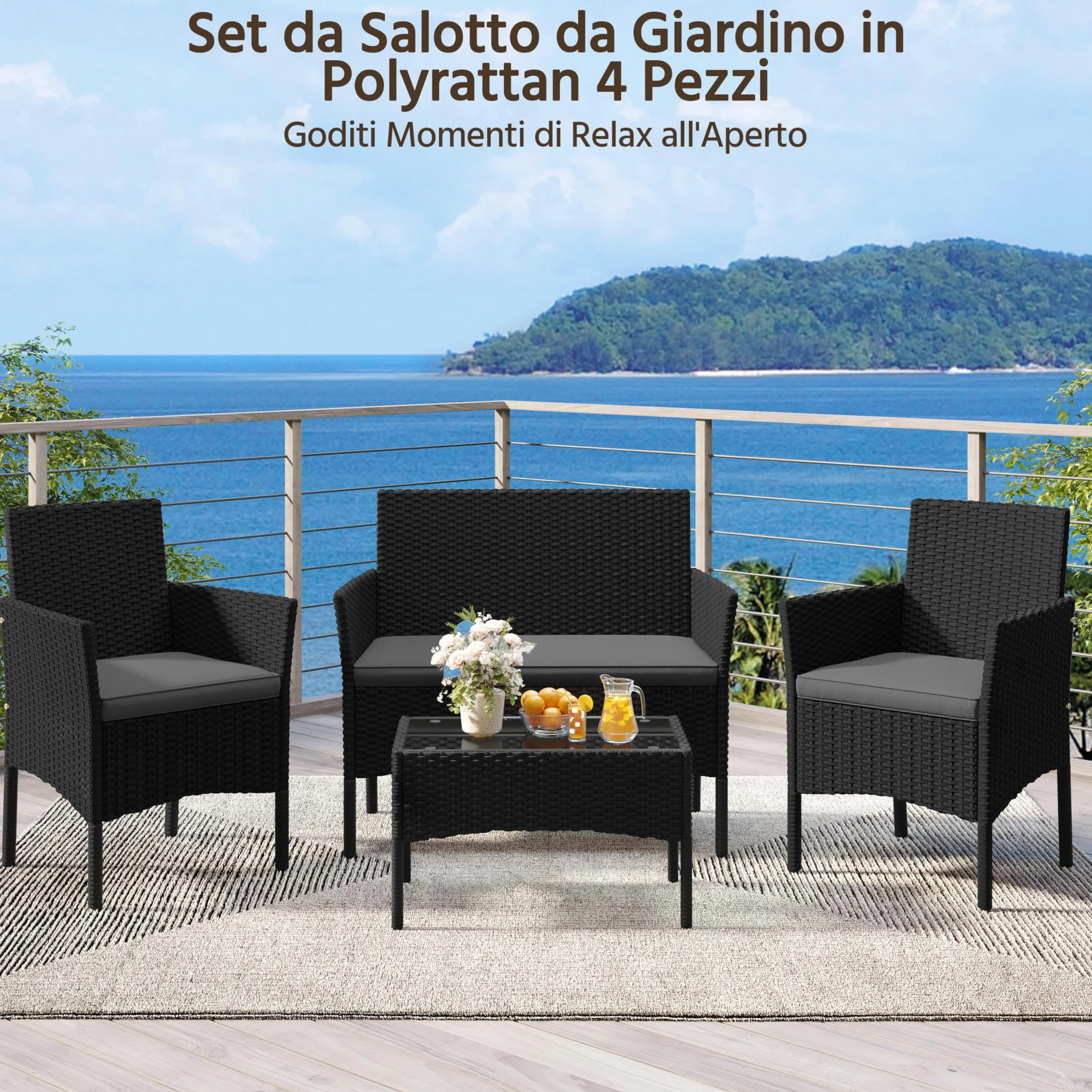 Yaheetech Conjunto Jardín 4 Piezas Muebles Ratán Exterior con Sofá 2 Plazas, Sillones, Cojines y Mesa Vidrio Negro/Gris