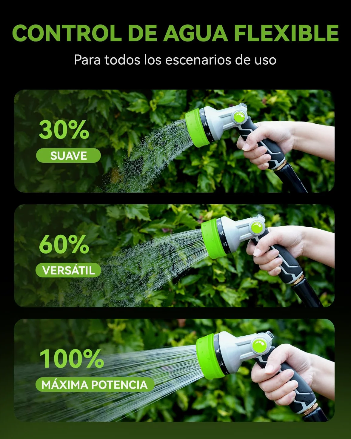 RAINPOINT Pistola Manguera Jardin en Metal, 10 Patrones De Riego,Control de Flujo con Pulgar, Pistola de Agua a Presión para Lavar Coches, Mascotas, Regar el Jardín, Verde