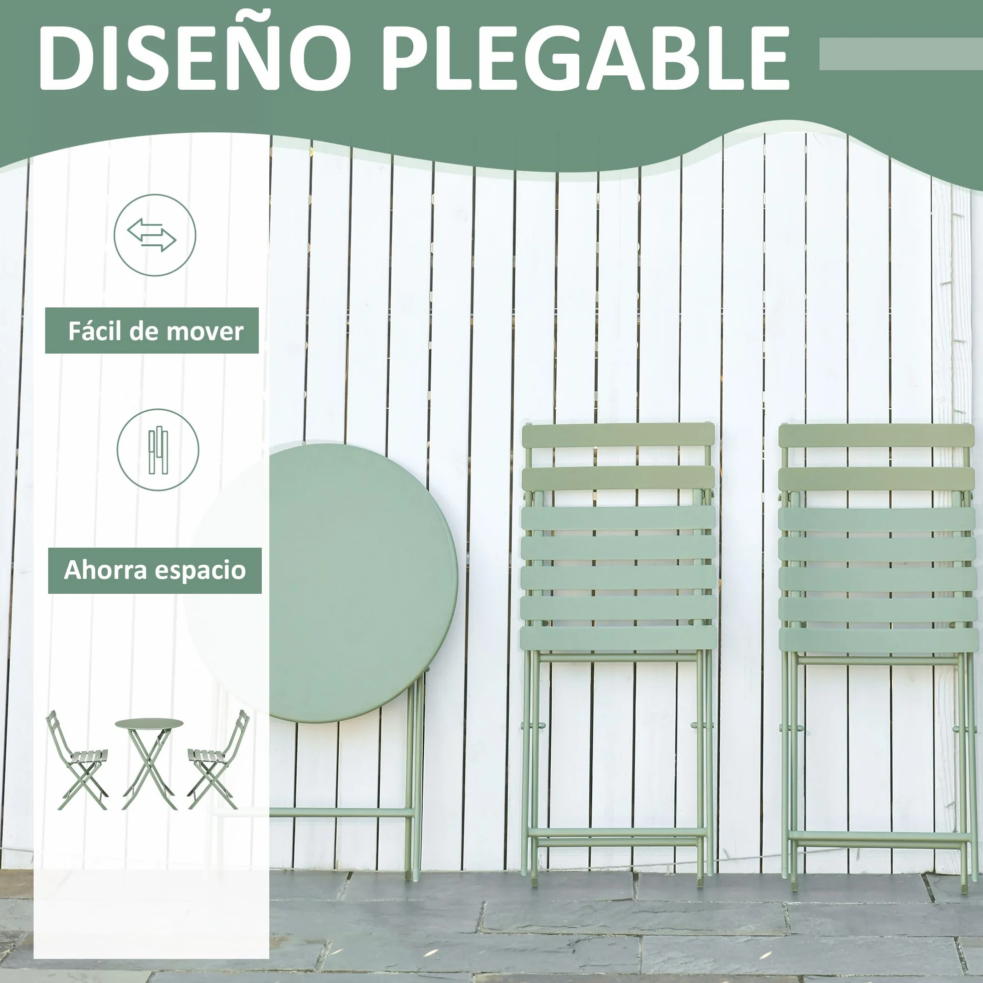 Outsunny Conjunto de Muebles de Jardín Plegable 1 Mesa Redonda y 2 Sillas con Marco de Acero Verde Oscuro