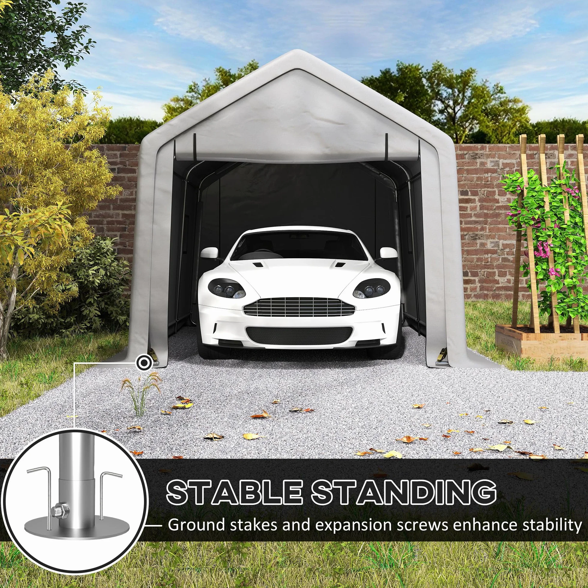 Outsunny Carport 3 x 5,2 m Cobertizo para Coche Exterior con Puerta Enrollable Gris