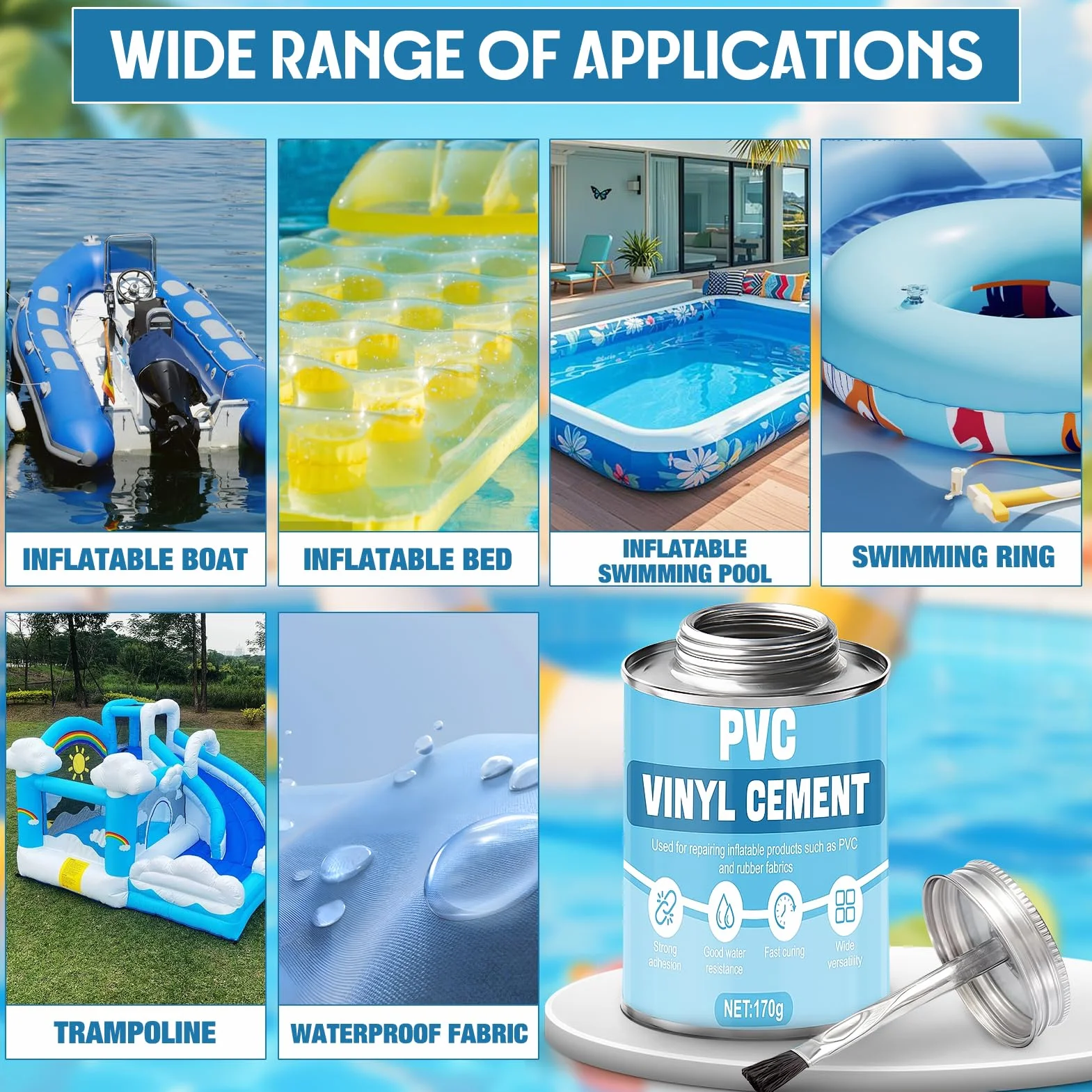 Pegamento PVC 170g para Parche Piscina y Reparación de Botes Inflables, Kayaks, Lonas