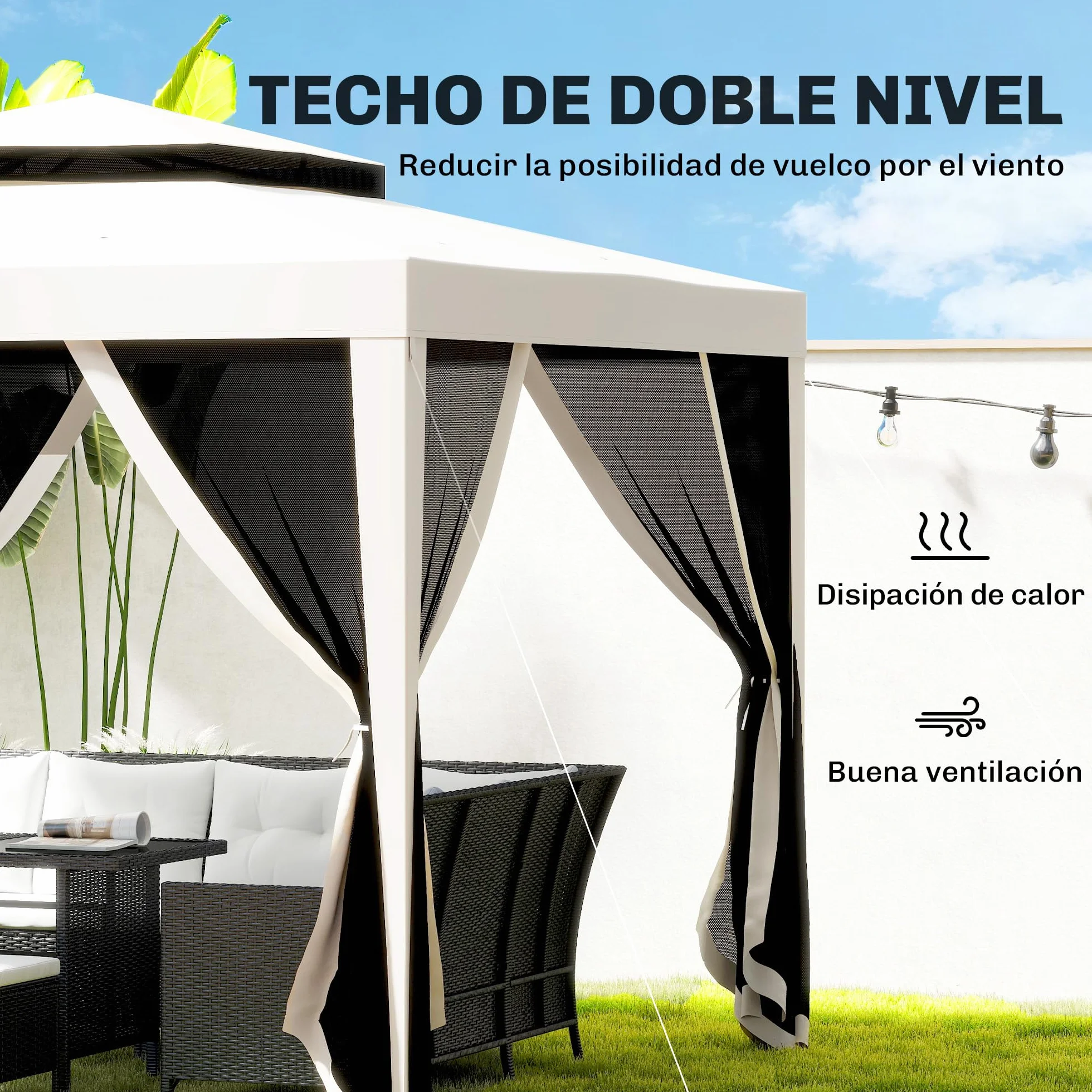 Outsunny Carpa de Jardín 3x3 m Cenador Desmontable de Exterior Gazebo con 4 Mosquiteras Laterales Techo Doble y Marco Metálico Anti-UV Impermeable Pabellón para Terraza Patio Crema