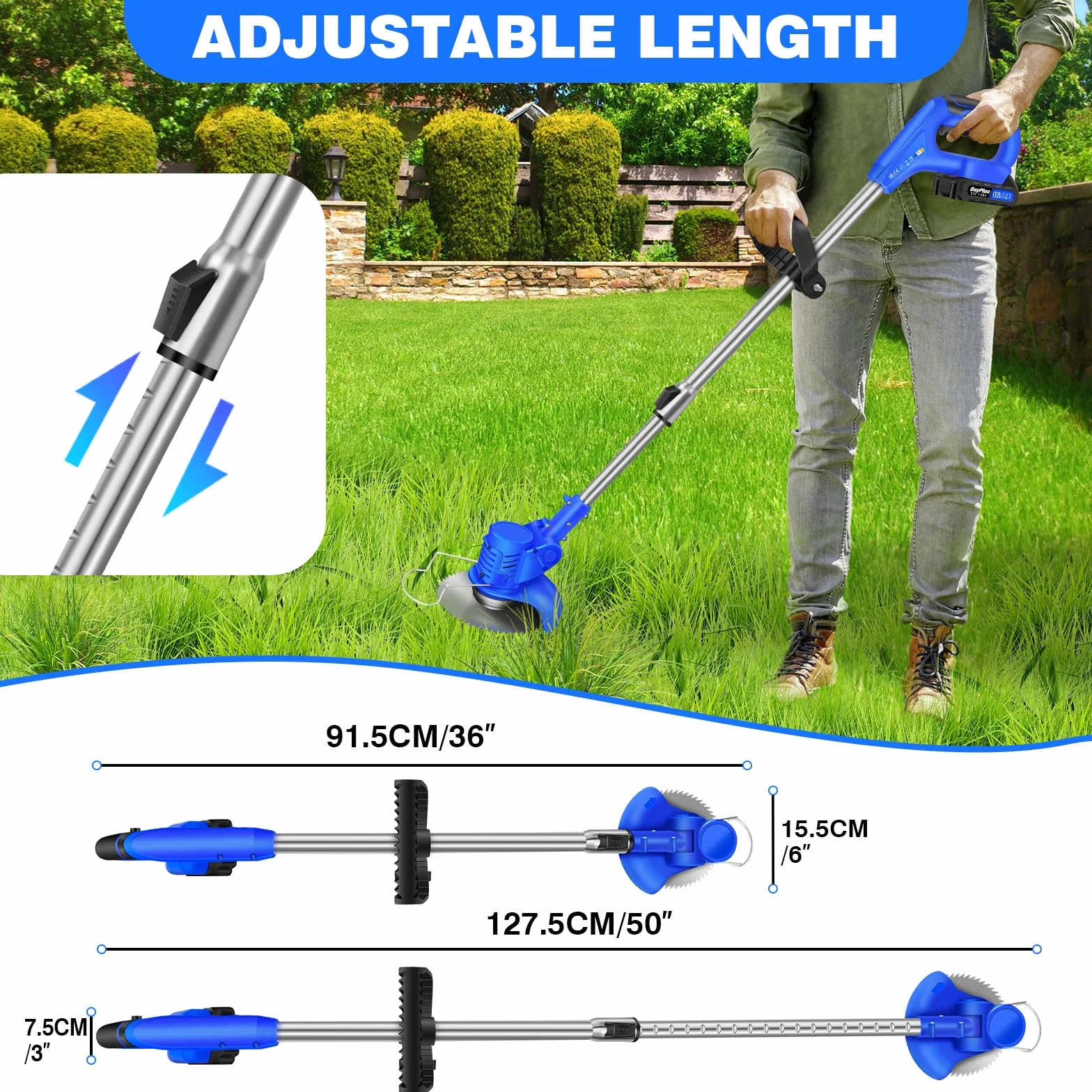 Desbrozadora Eléctrica 21V Ion-Litio Barredora De Hierbas Eléctrica Sin Cable, Ligera Recortadora De Césped, 2* Baterías 1500mAh, 10 Cuchillas Metálicas, 1 Hoja De Sierra Circular, Azul