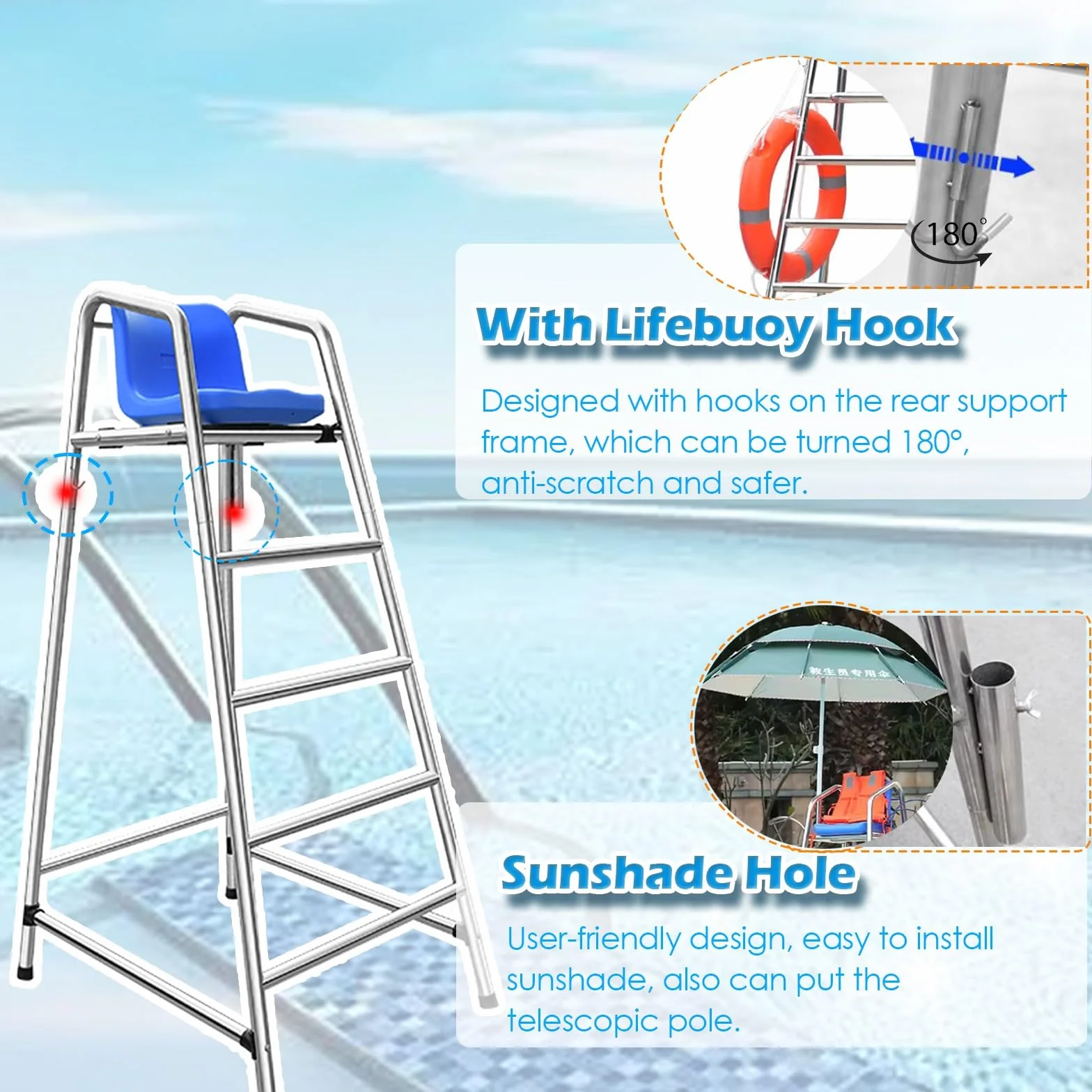 Silla de socorrista de piscina 120/150/180cm altura salvamento alta resistencia