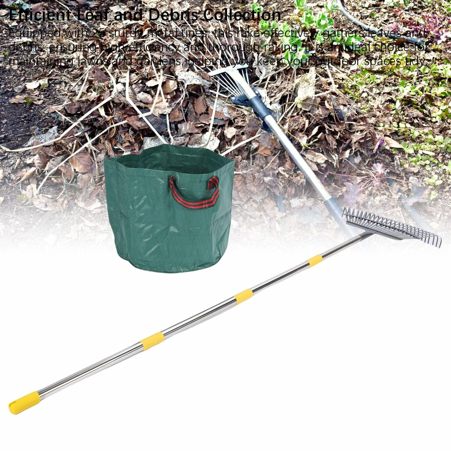 Rastrillo de jardín de hojas de metal, extraíble y ajustable, rastrillo de hojas resistente con bolsa reutilizable para patio exterior