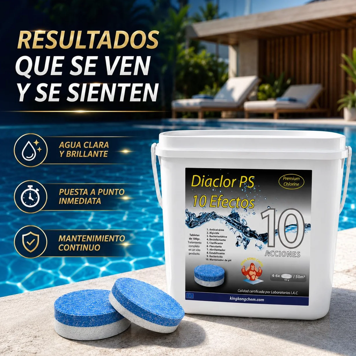 Cloro Total para Piscinas DIACLOR PS 5 KG - 50 Pastillas de Cloro Multiacción 100 gr
