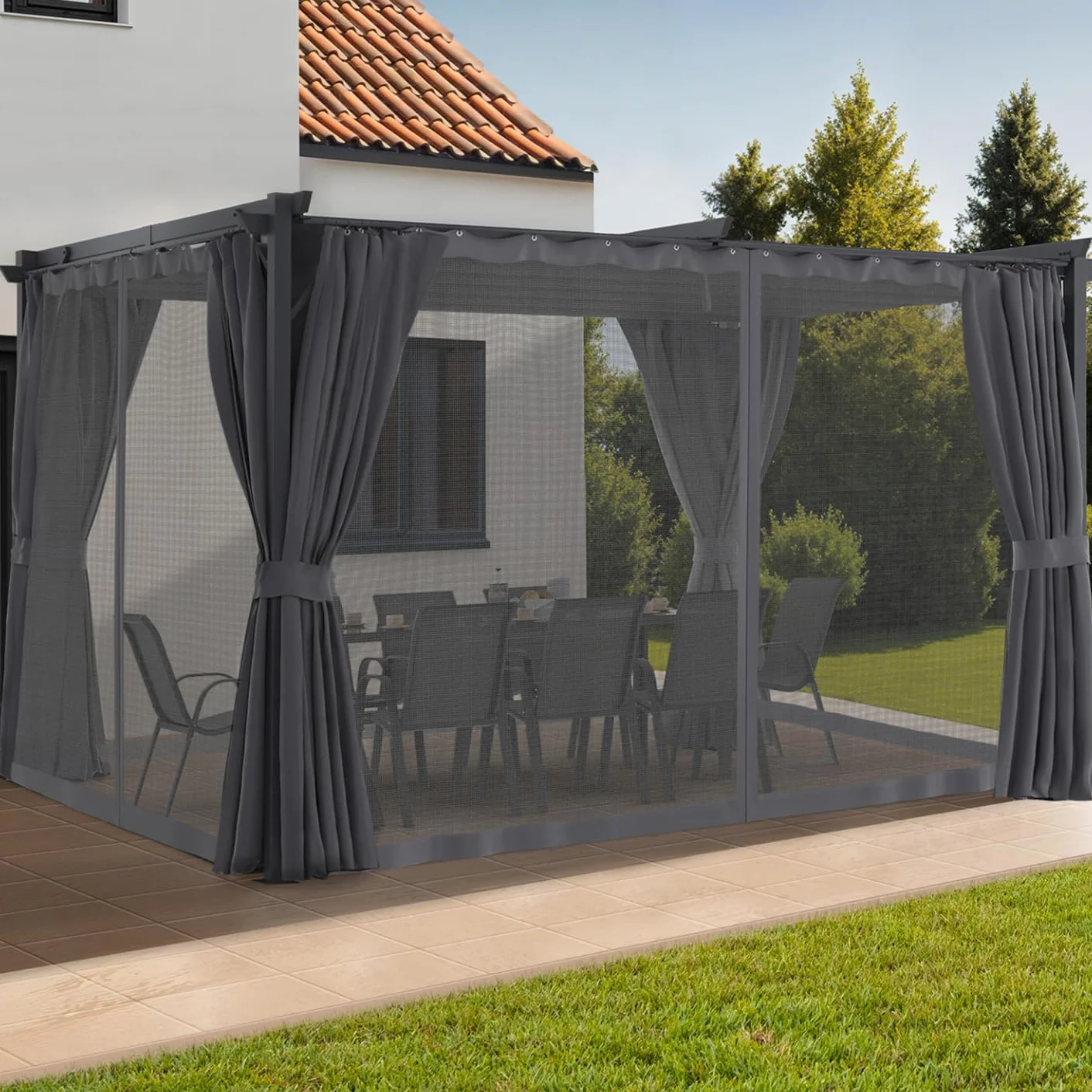 Pergola mosquitera de techo retráctil 3x4 m gris