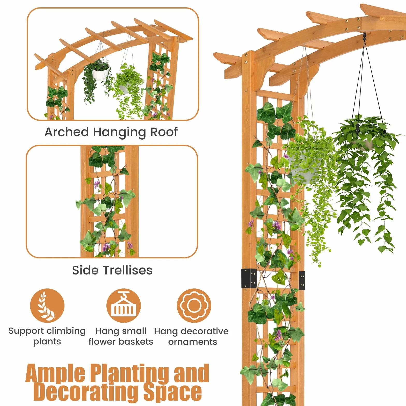 HOMASIS Arco de jardín de madera para rosas y plantas trepadoras, soporte naranja 160x60x229 cm