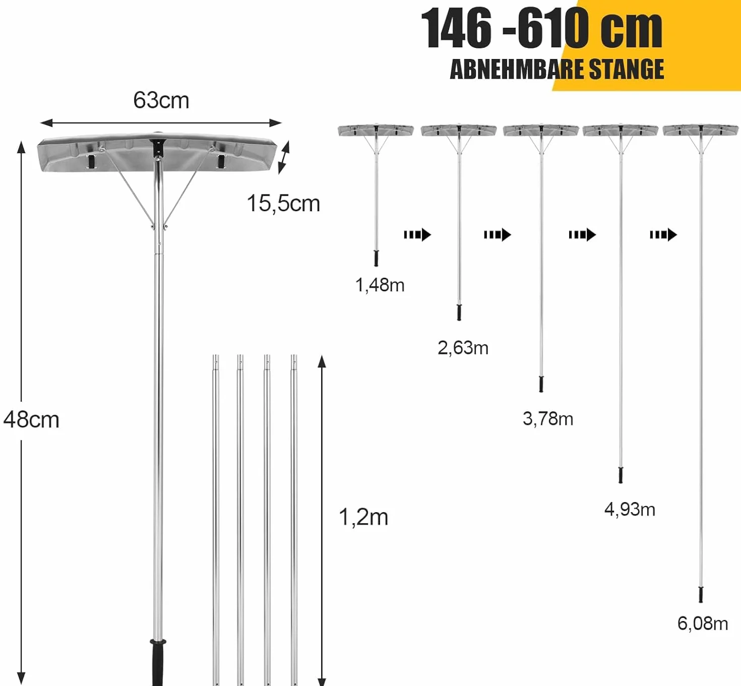 GOPLUS Rastrillo de Nieve para Tejados Extensible 1,48-6,08 m Quitanieves
