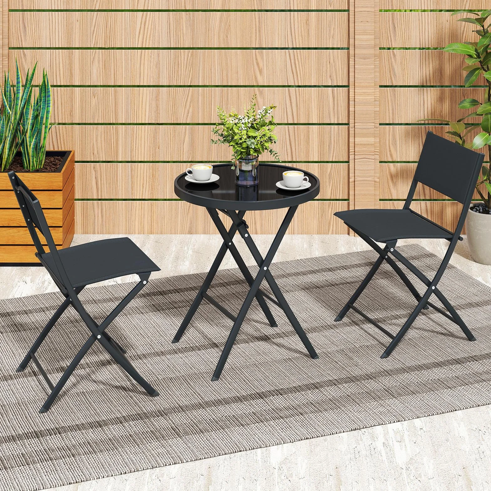 KOMFOTTEU Juego de Bistró 3 Piezas Plegables, Conjunto de Jardín Textileno, Mesa de Vidrio Templado y 2 Sillas
