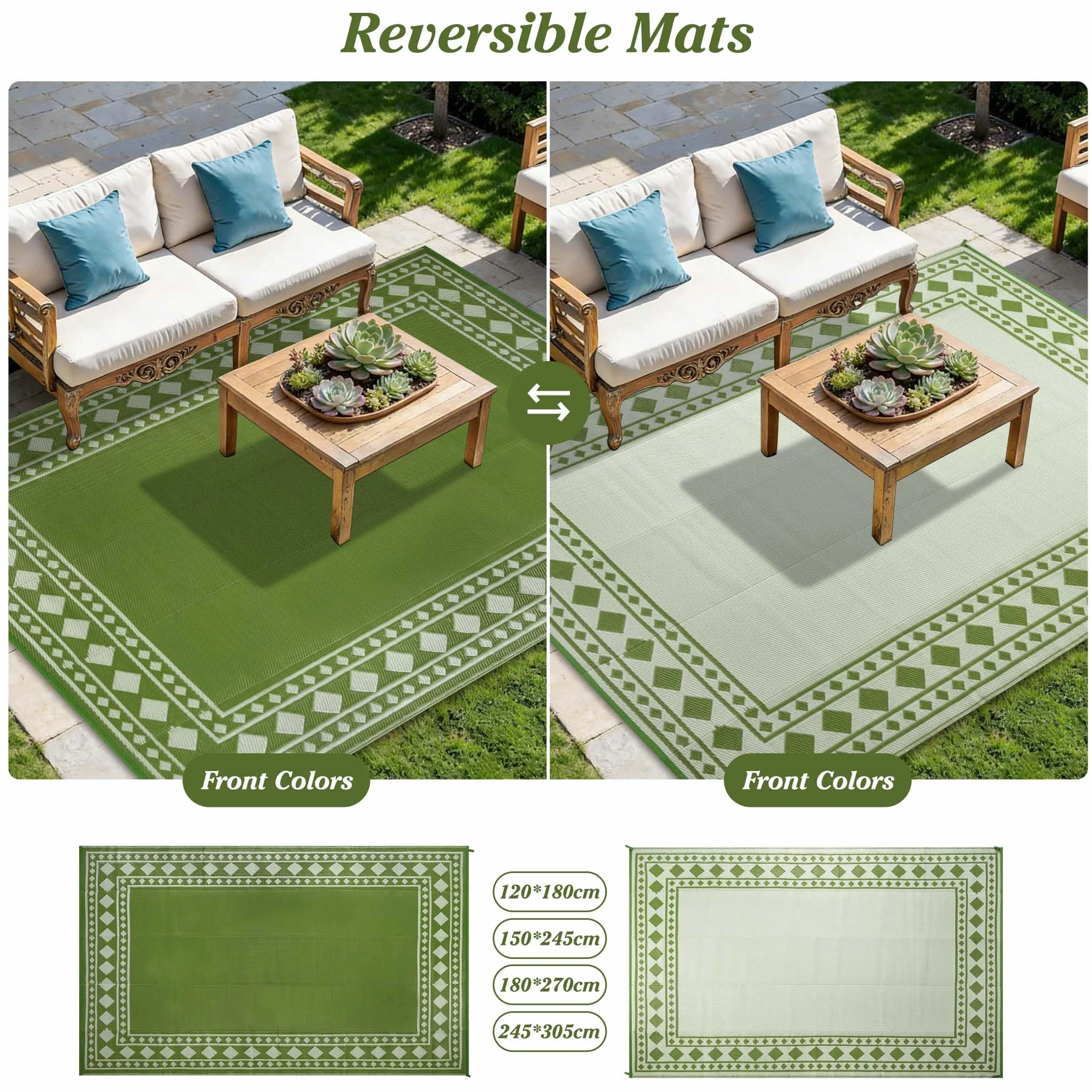 Alfombra de exterior resistente a la intemperie 180 x 270 cm reversible permeable al agua plástico camping terraza jardín verde