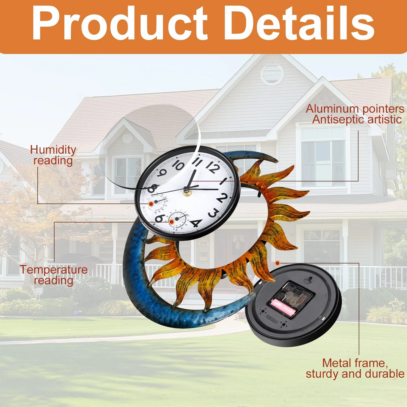 shumi Reloj de pared decorativo exterior sol luna termómetro silencioso