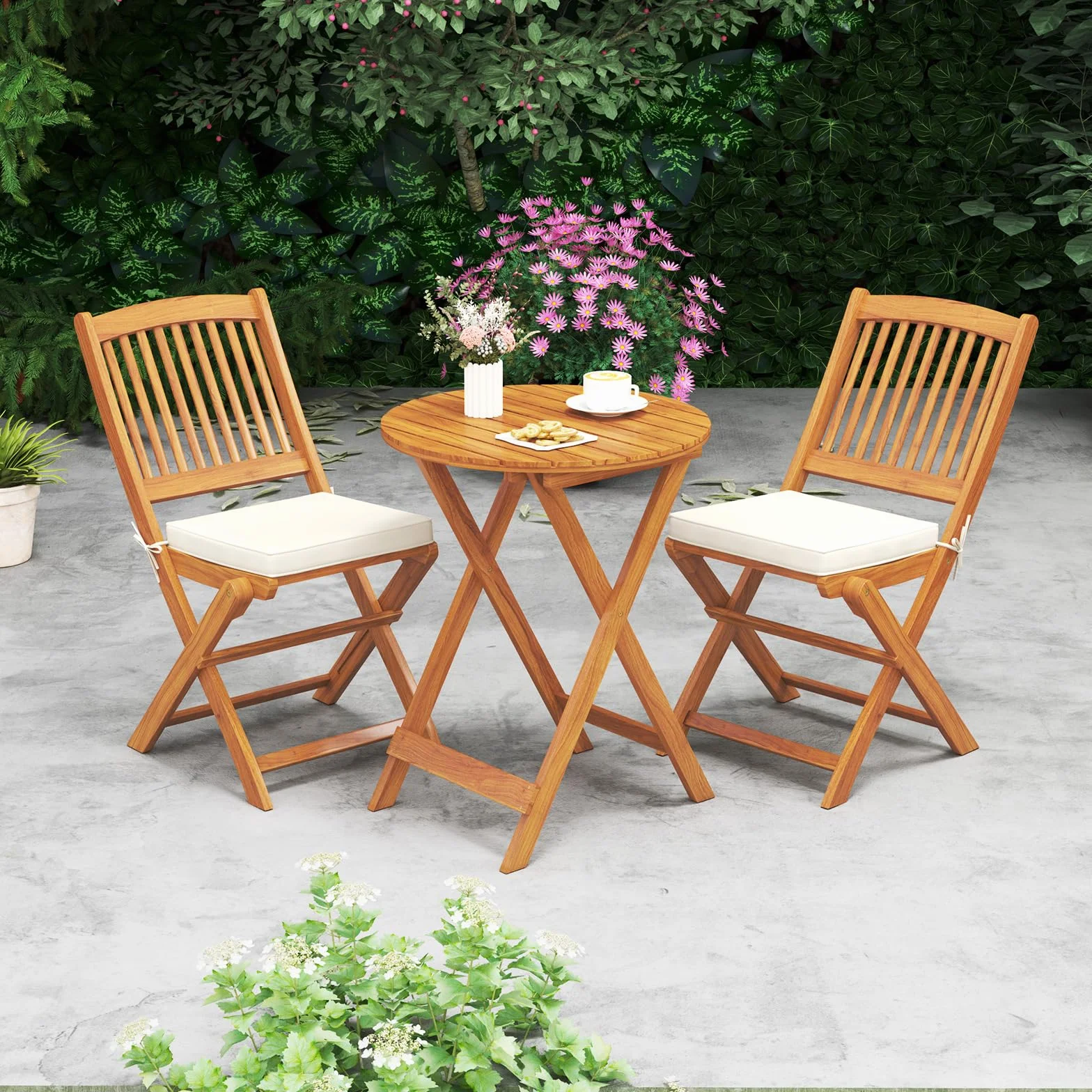 GOPLUS Juego de Mesa y Sillas para Jardín 3 Piezas, Mesa Redonda y 2 Sillas Plegables con Cojines, Madera de Acacia, Beige