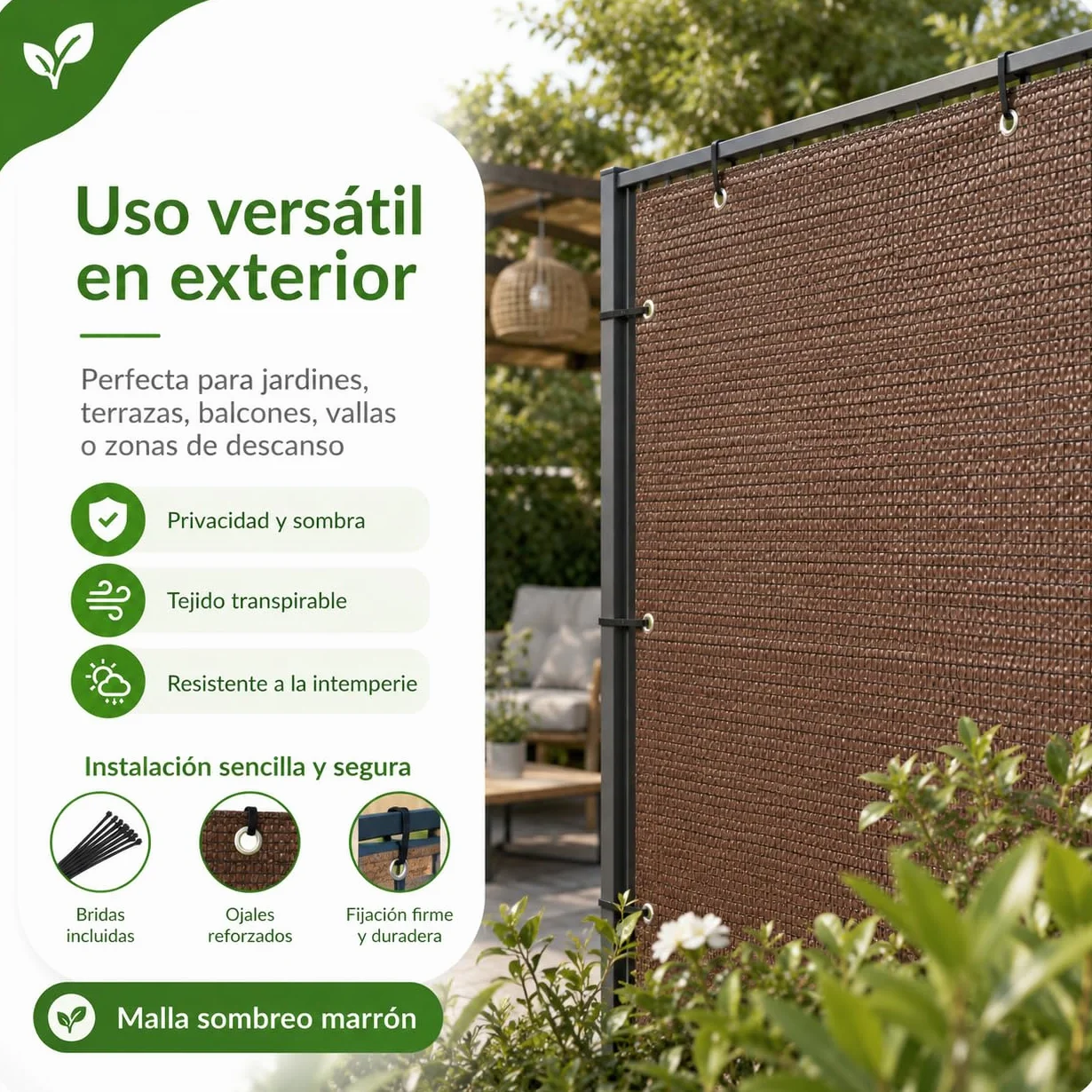 Malla ocultación jardín Marrón 2x10m Malla sombreo 90% Verde