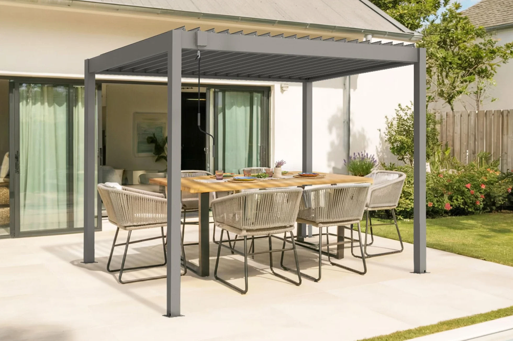 Pérgola Bioclimática Autoportante 297x195 cm 3x2 m 6 m² Aluminio Gris Topo Lamas Orientables 0-110° Acero Resistencia Viento 70 km/h Kit Completo