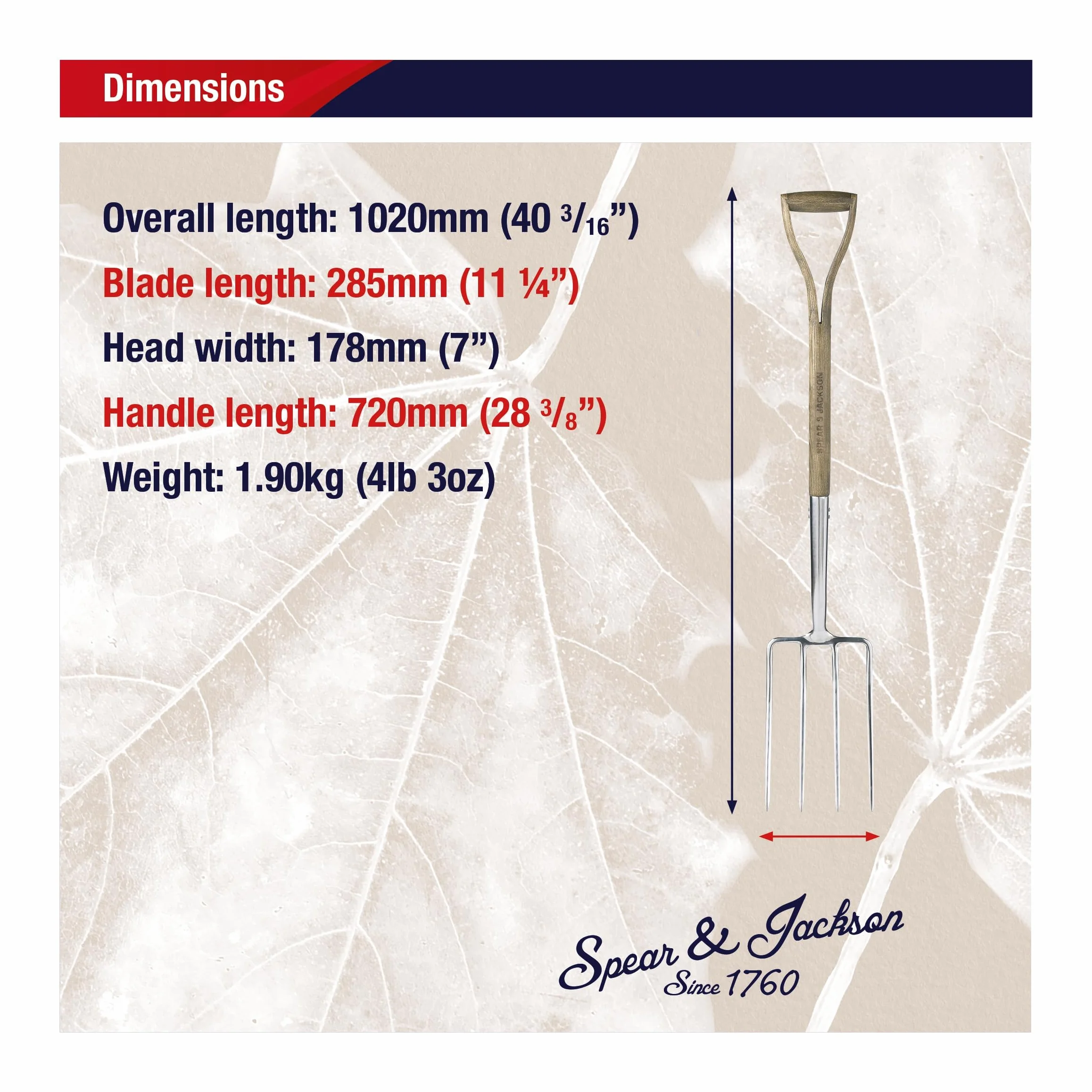 Spear & Jackson 4550DF Horca de Cavar Acero Inoxidable, Cabeza Pulida Espejo, Mango Madera Maciza