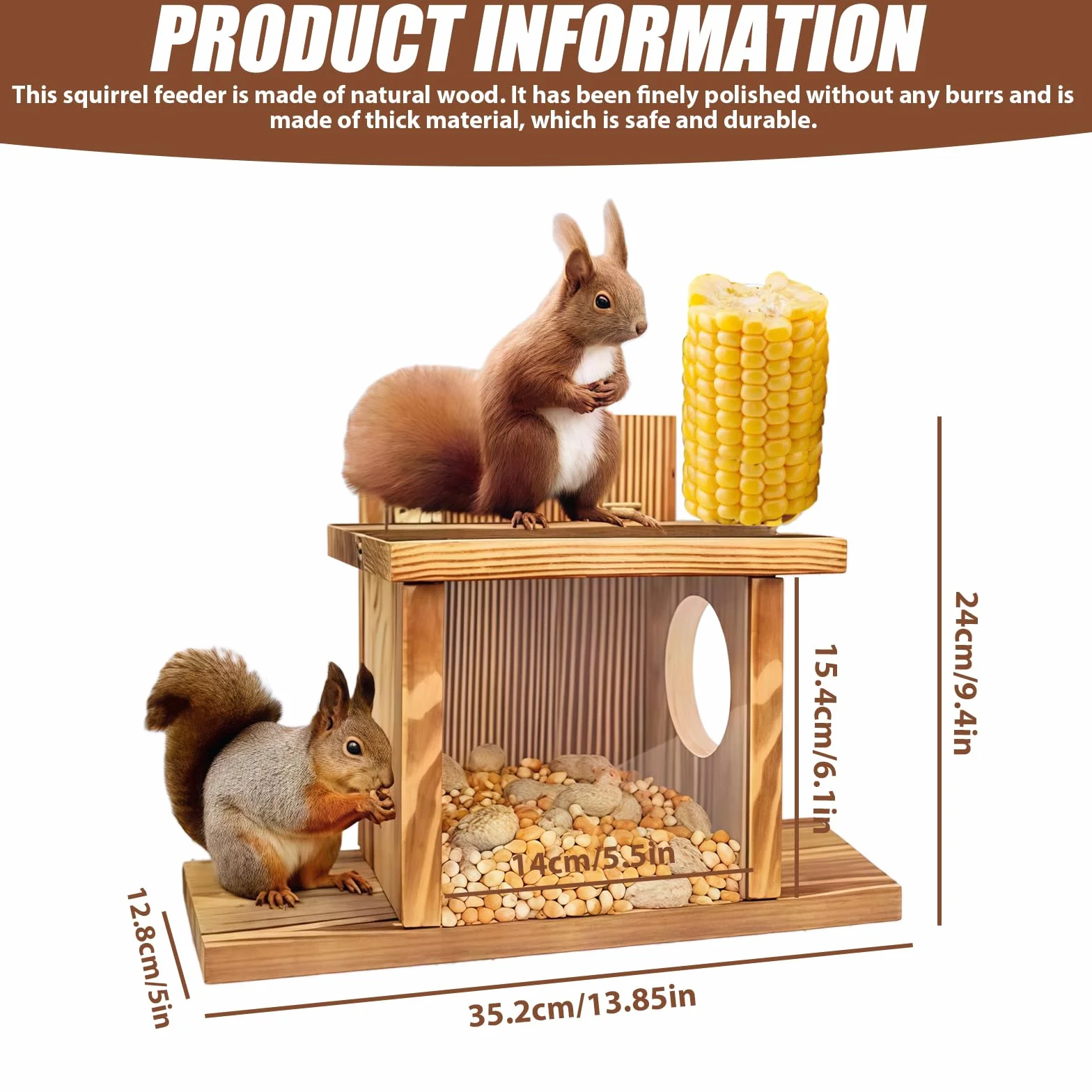 Comedero para ardilla resistente a la intemperie madera estable 35,2x12,8x24 cm tapa abatible