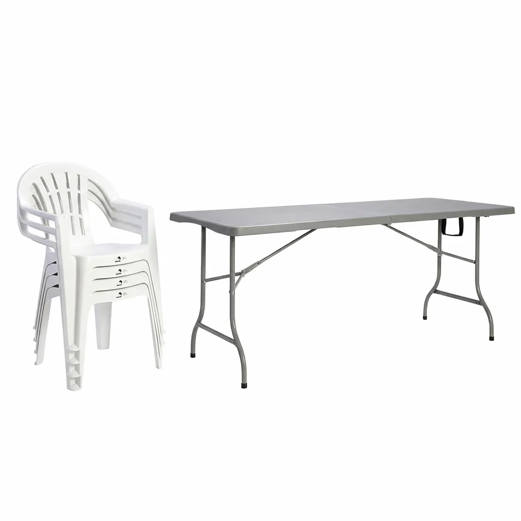 Conjunto Mesa Plegable y Sillas Terraza, Pack 4 Sillas PVC con Reposabrazos y Mesa Plegable Rectangular Tipo Maleta 180x76 cm, para Exterior, Camping, Comedor Auxiliar y Hostelería
