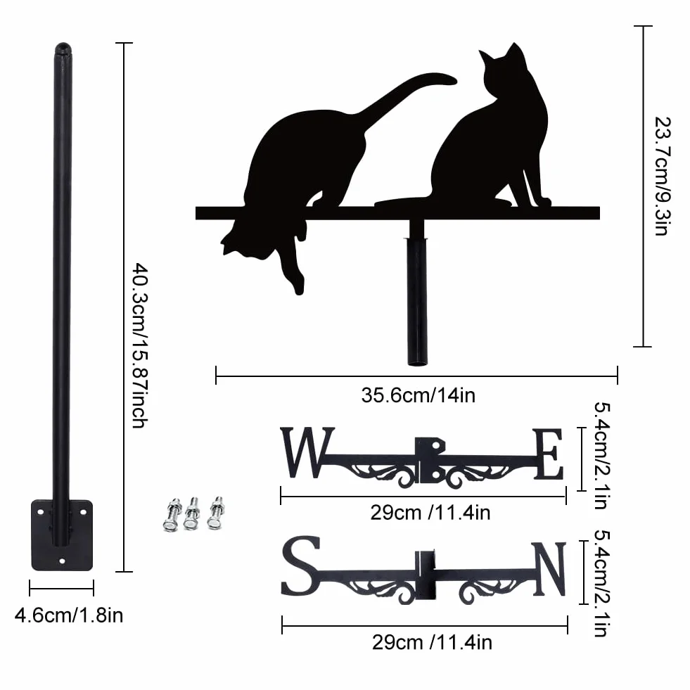 Girouette de jardín al aire libre de gato para techo, diseño de giro, color negro