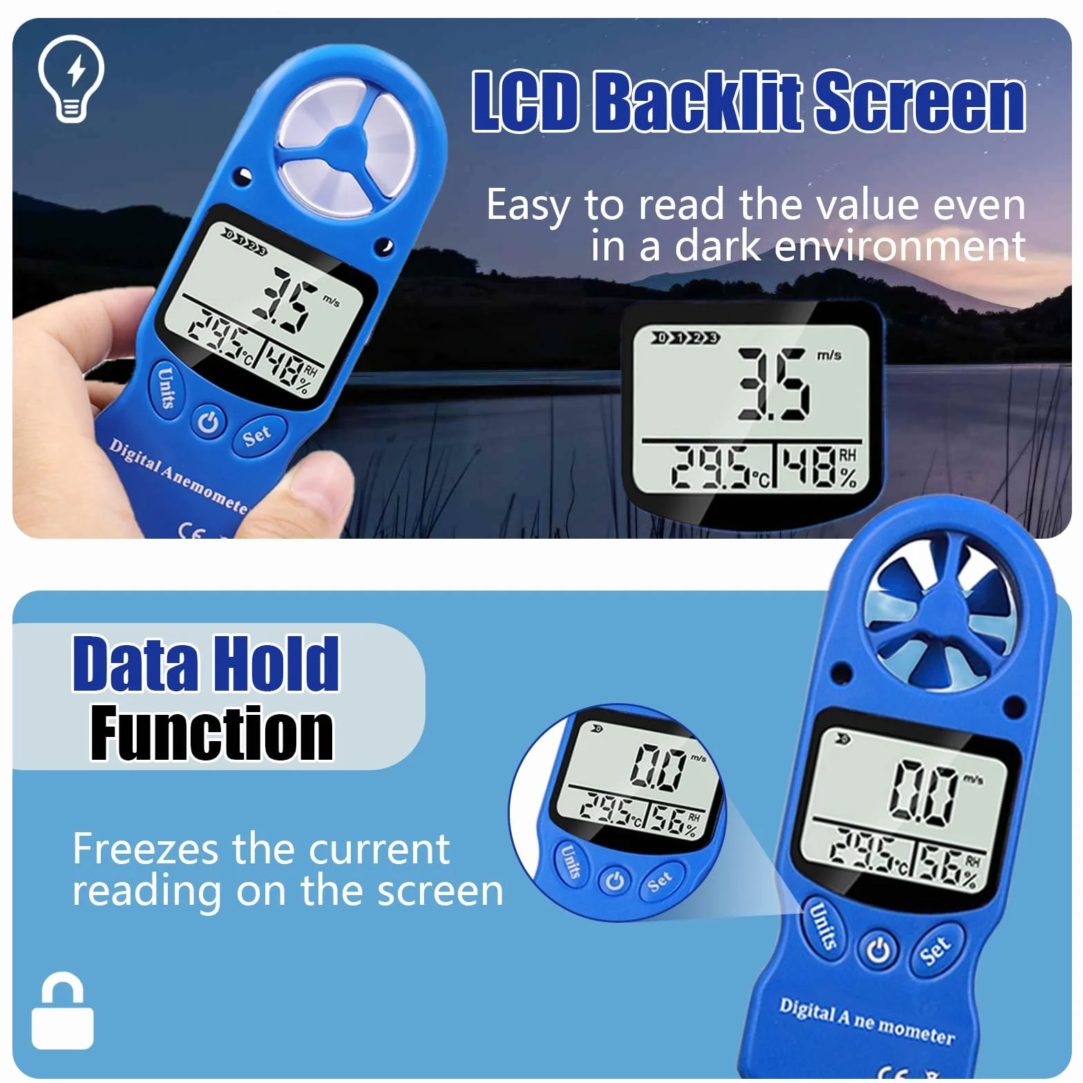 Anemómetro Portátil Digital 3 in 1, Medidor de Velocidad del Viento 0,3-30 m/s con Sensor de Temperatura y Humedad
