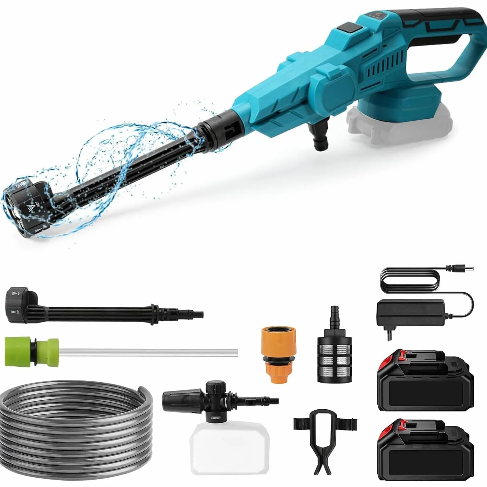 Hidrolimpiadora sin Cable | 18V 120Bar Limpiadoras a presión exterior | Pistola de lavado de alta presión, Pulverizador de Espum, 2 batería,6 en 1 Boquilla,5m Manguera,para Coche,Suelo,jardín