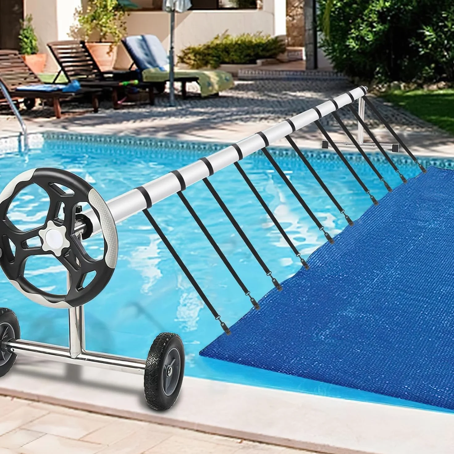 MEISO Enrollador de Piscina, Kit de Fijación con 8 Bandas y 8 Grapas para Cubierta Solar Universal