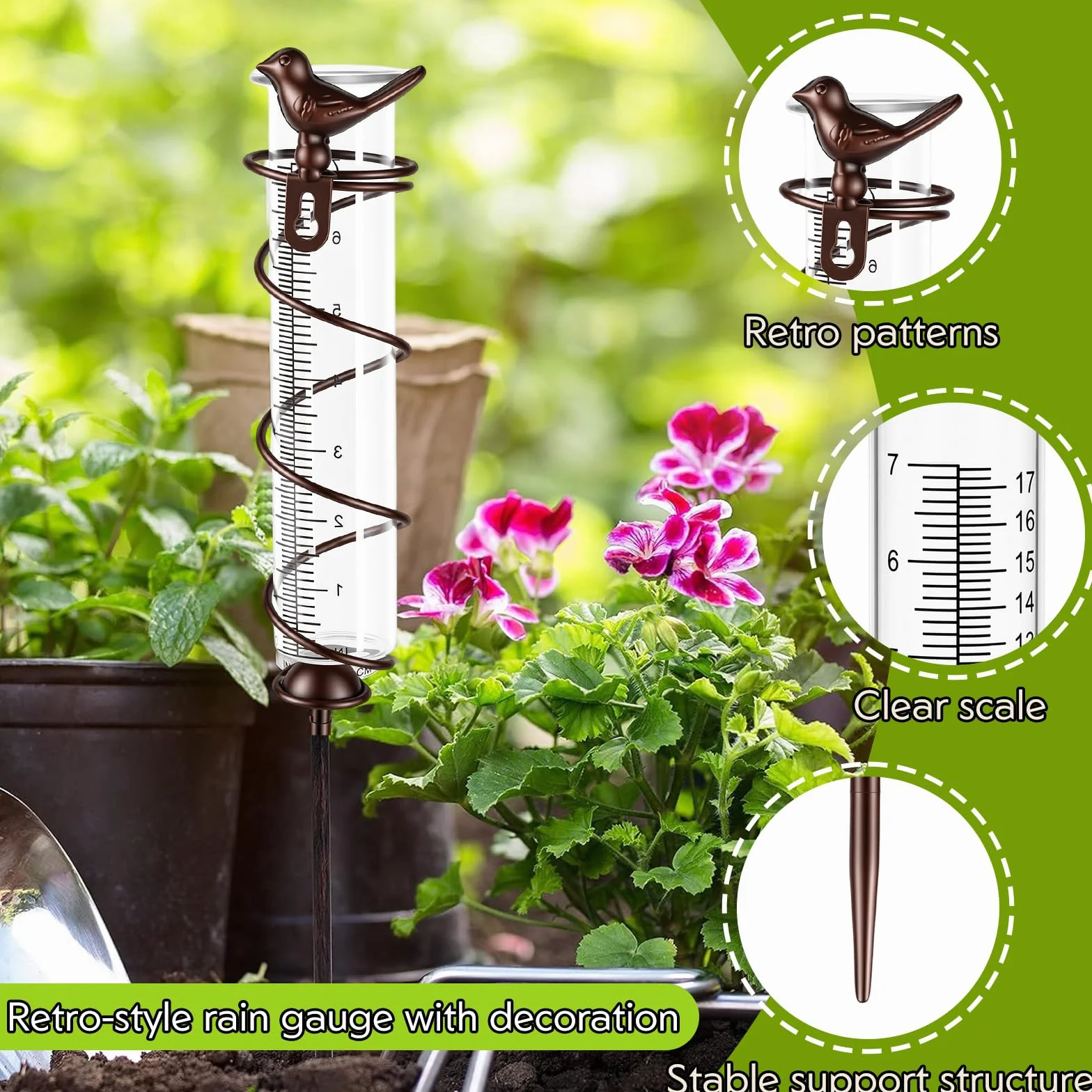 Pluviómetro de Vidrio Resistente a Heladas con Espiga Metálica para Exterior Jardín