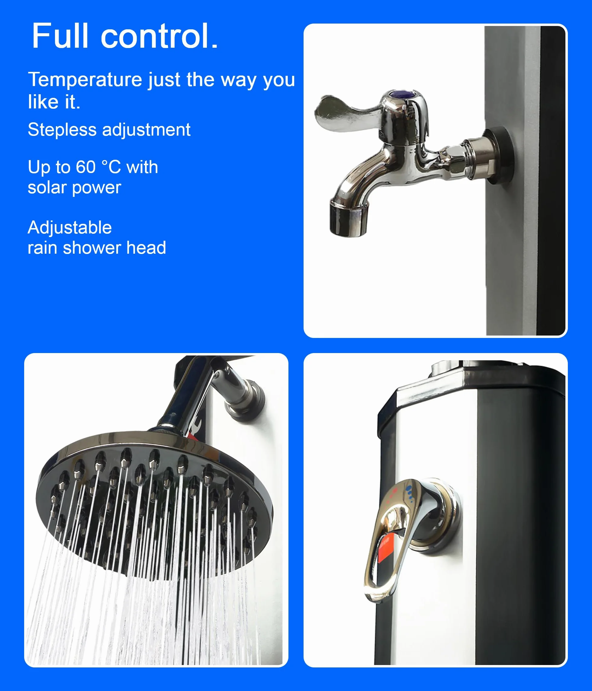 UMBRELLA® Ducha Solar 35 Litros con Lavapiés, Cabezal Giratorio Lluvia, Jardín Exterior Piscina, Negro Plata