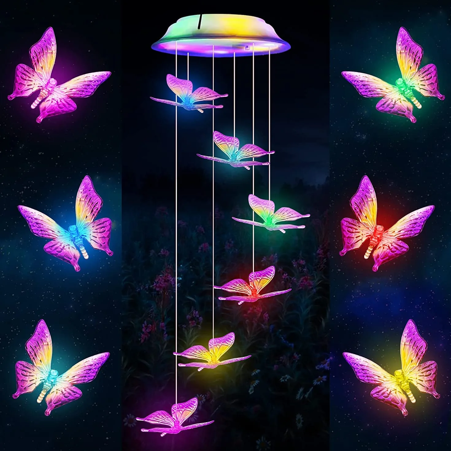 Campanilla de Viento Solar LED Mariposa Impermeable Lámpara Decoración Jardín