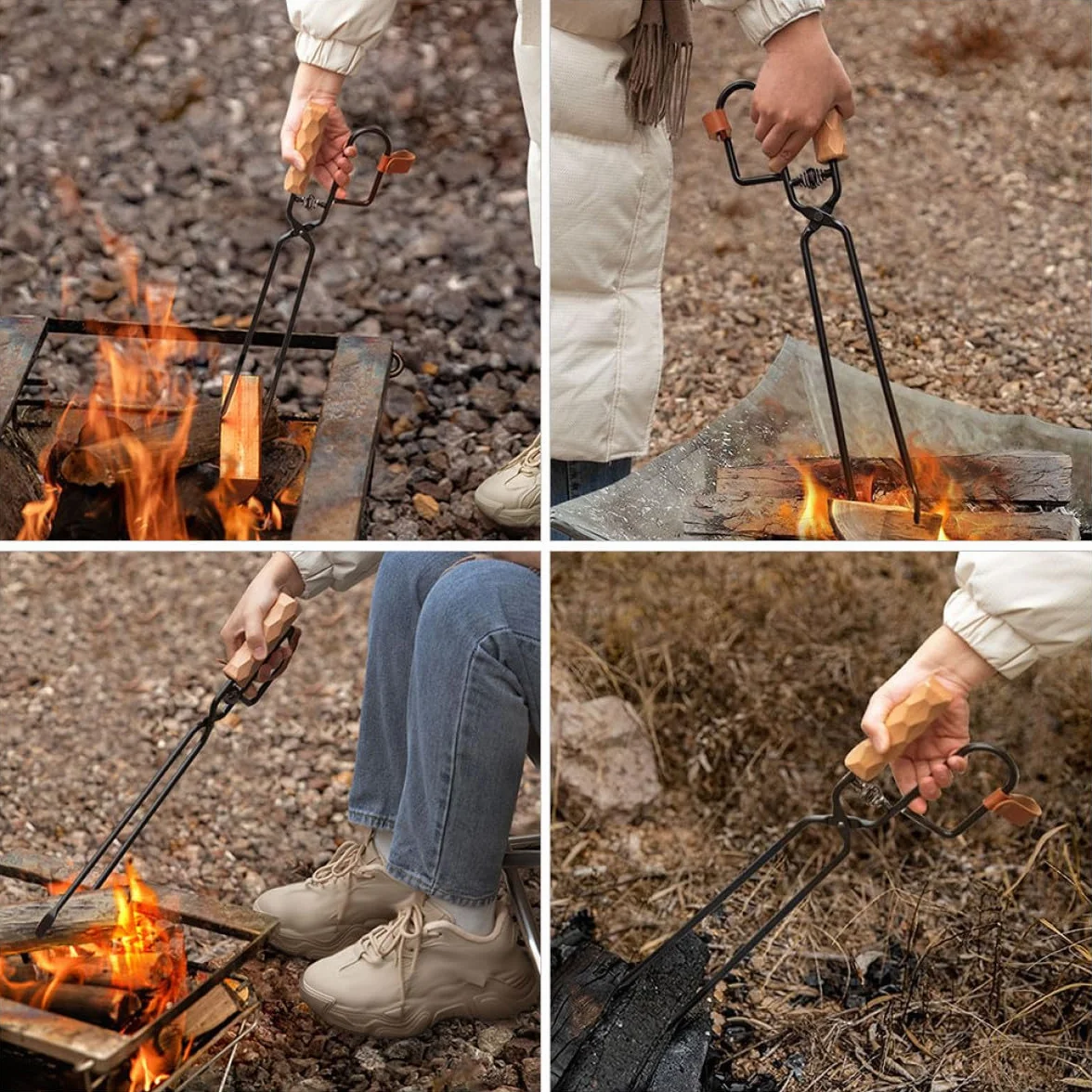 Pinzas de carbón para exteriores para barbacoa y fogata, acero resistente al calor con mango de madera antiquemaduras, accesorio portátil para acampar y asar