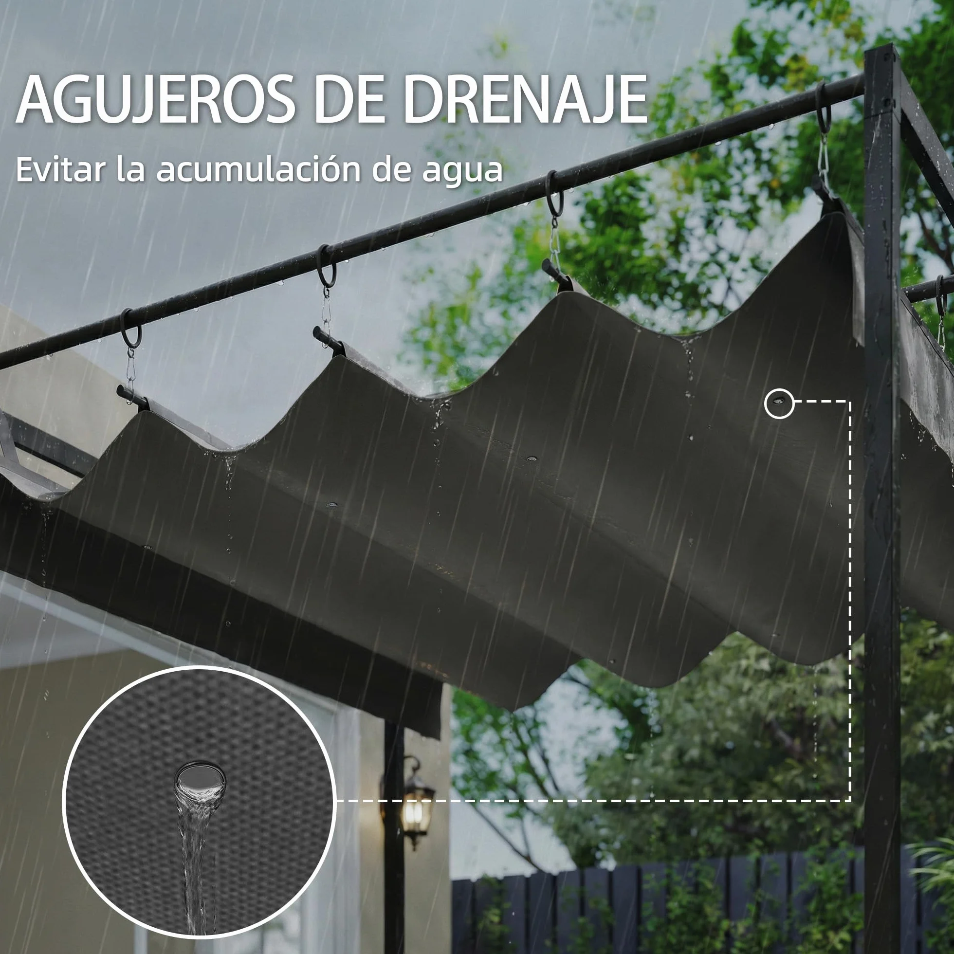 Outsunny Pérgola de Pared de Jardín 3x3 m, Cenador con Techo Retráctil, UPF30+, Estructura de Acero, Gris Oscuro