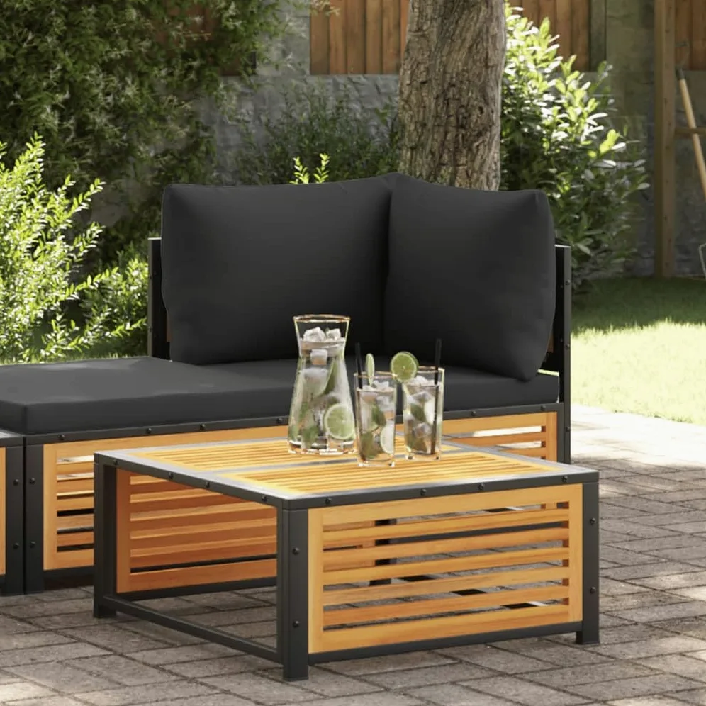 Mesa de jardín de madera maciza de acacia, 68 x 68 x 30 cm, con marco de acero pulverizado, resistente a la intemperie y estable, ideal para relajarse y sentarse en el exterior