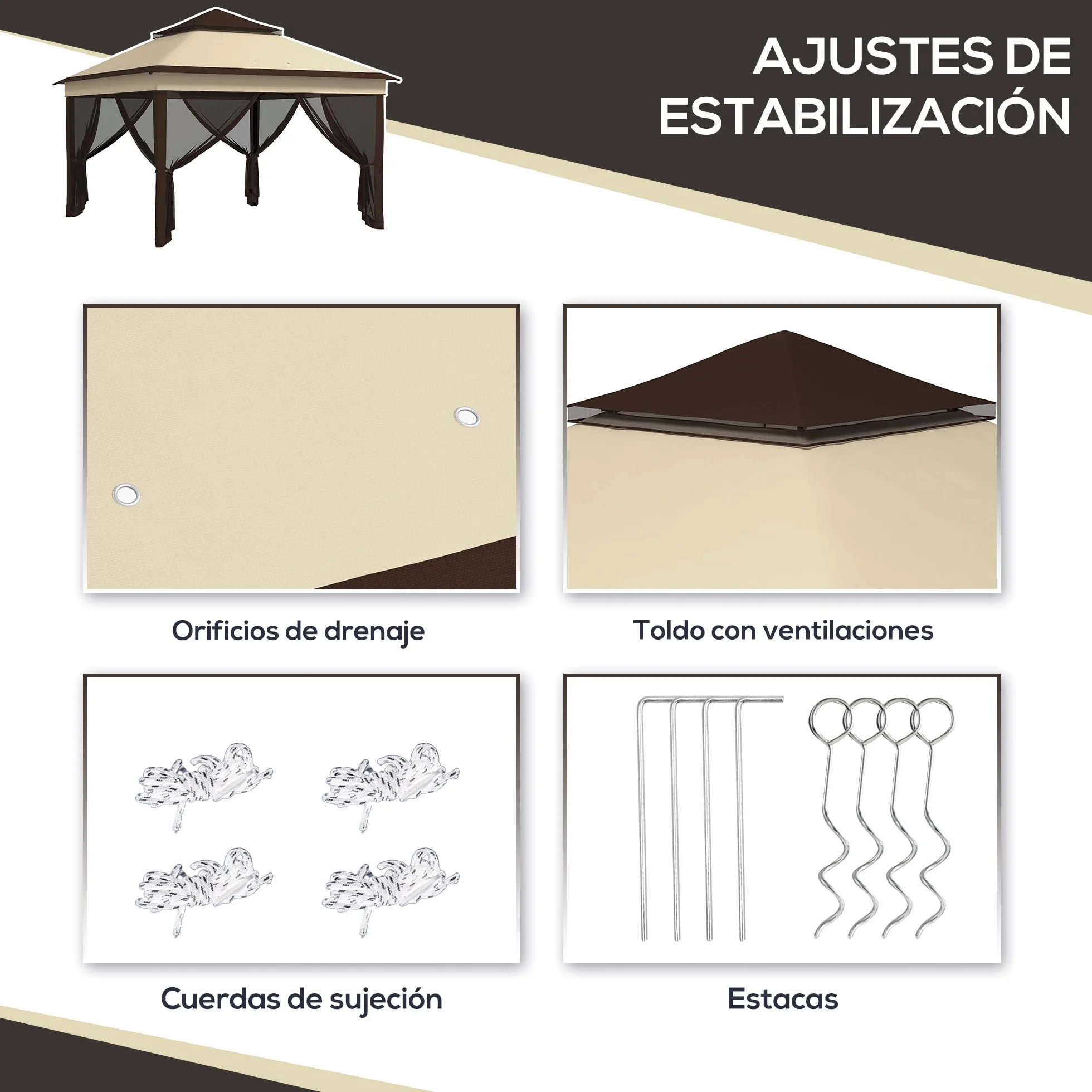 Outsunny Carpa Plegable 3x3x2,7 m Cenador de Jardín con Doble Techo Altura Ajustable 4 Mosquiteras Protección UV30+ Impermeable y Bolsa Gazebo para Exterior Fiestas Camping Beige y Café