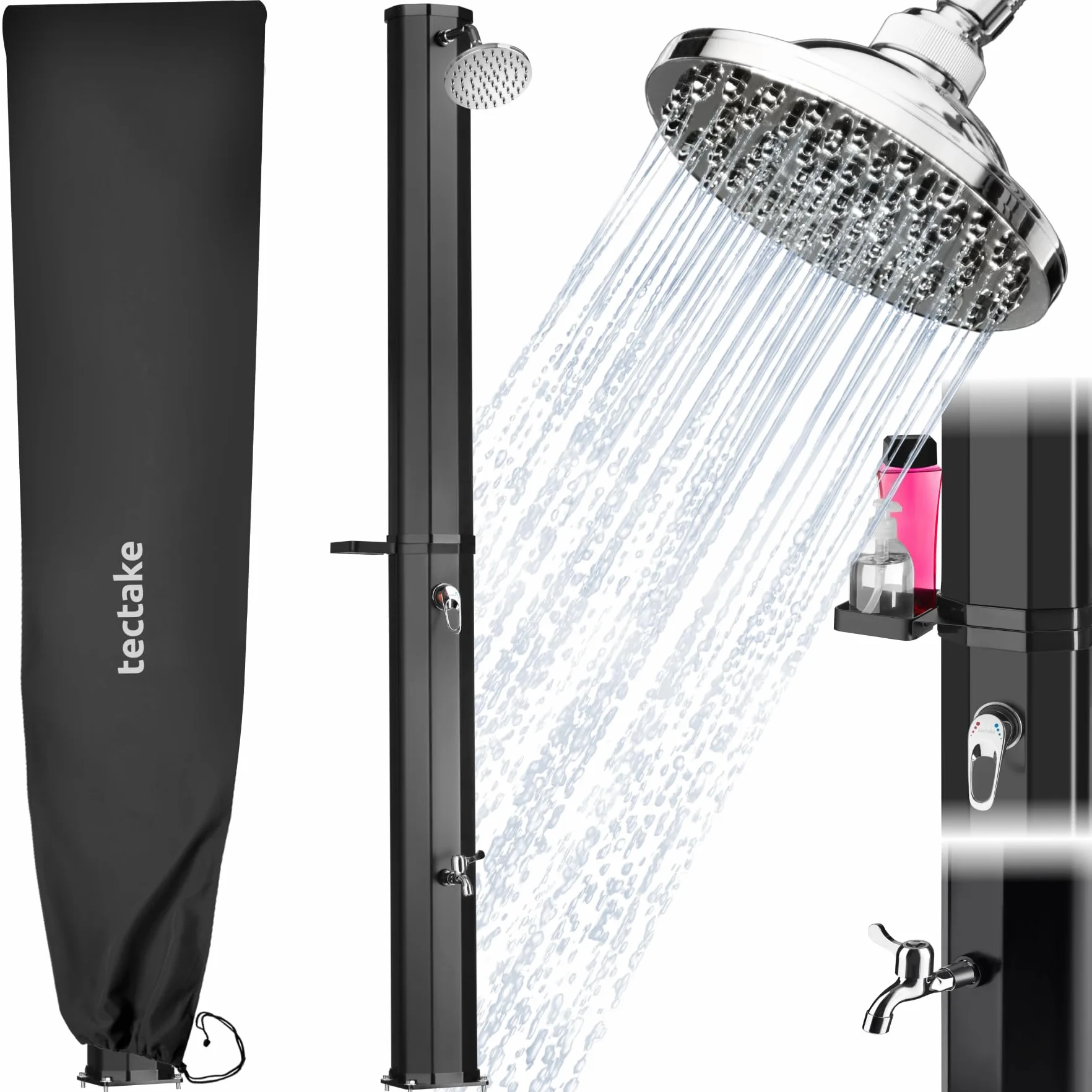 Tectake Ducha Exterior Solar 35 L Negro Resistente Intemperie Alcachofa 360°