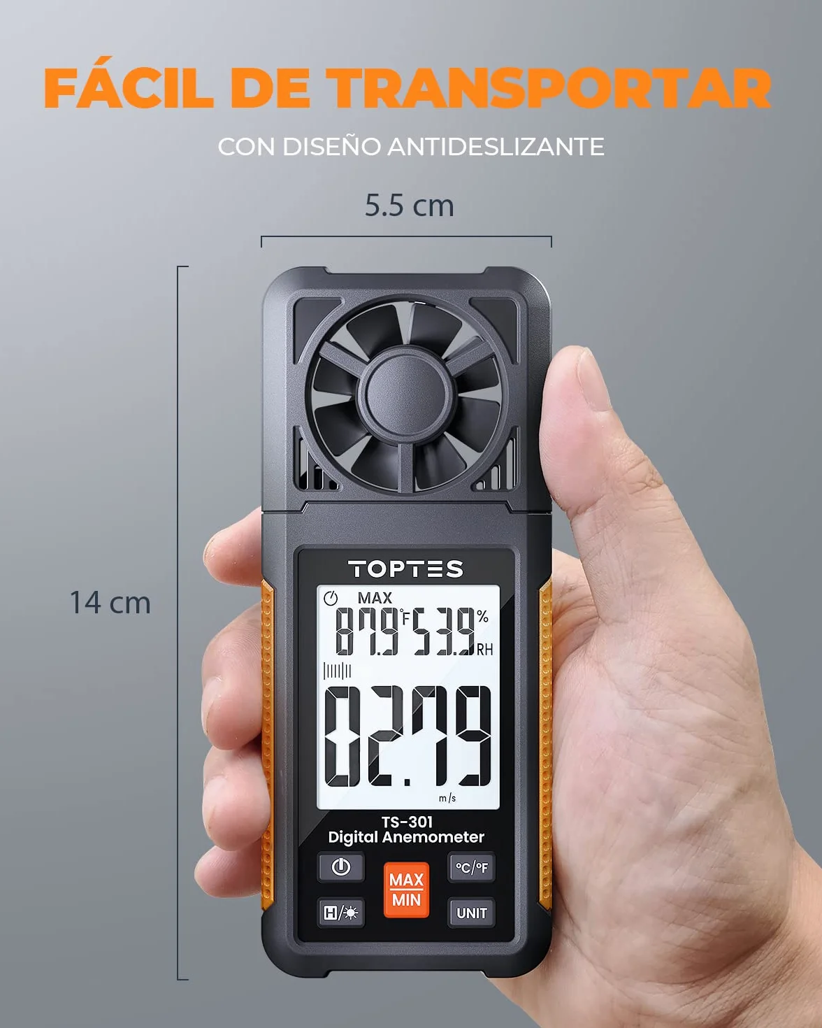 TopTes TS-301 Anemómetro Digital Pantalla LCD 2,26 pulgadas Medidor Velocidad Viento Naranja