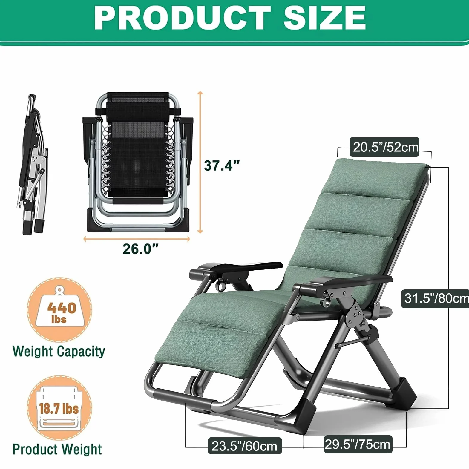 Tumbona Plegable, Silla Reclinable De Jardín, Silla Gravedad Cero con Soporte para Bebidas, Soporta hasta 180 Kg, Tumbona Jardin Exterior para Playa Piscina Hamaca Reposabebidas (Color : Linen Green