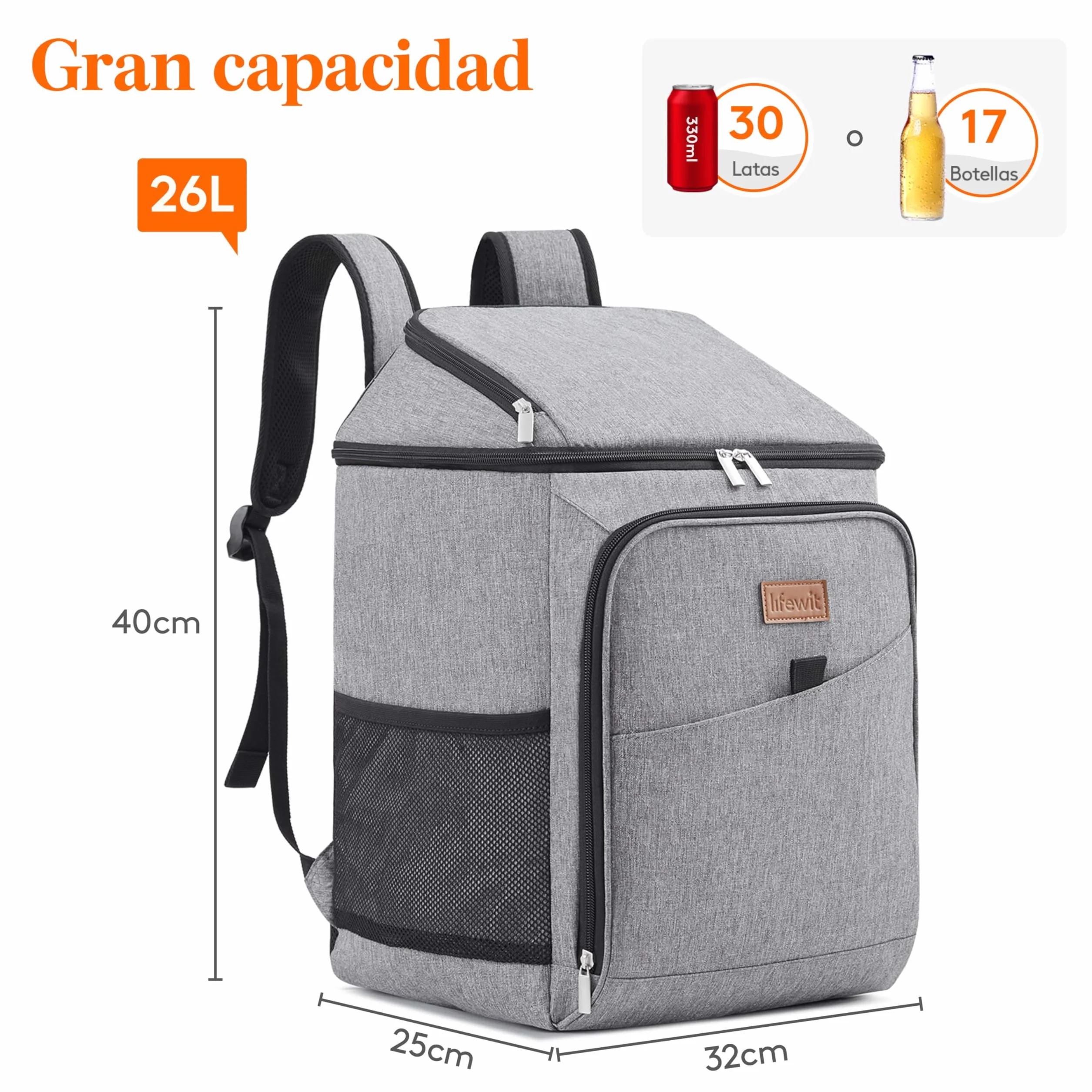 Lifewit Mochila Nevera Isotérmica 26L Gris Portátil para Playa Camping Viaje