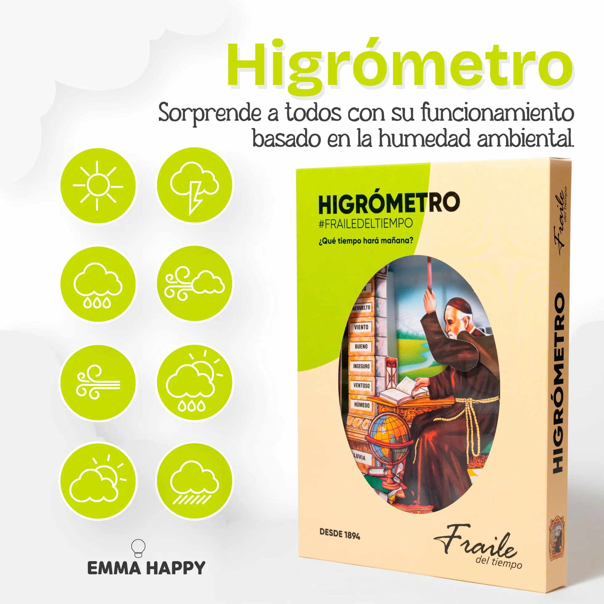 Higrómetro Fraile del Tiempo – Higrómetro de Cabello Monje del Tiempo, indicador tradicional del clima y la humedad – Fabricado en España (Clásico)