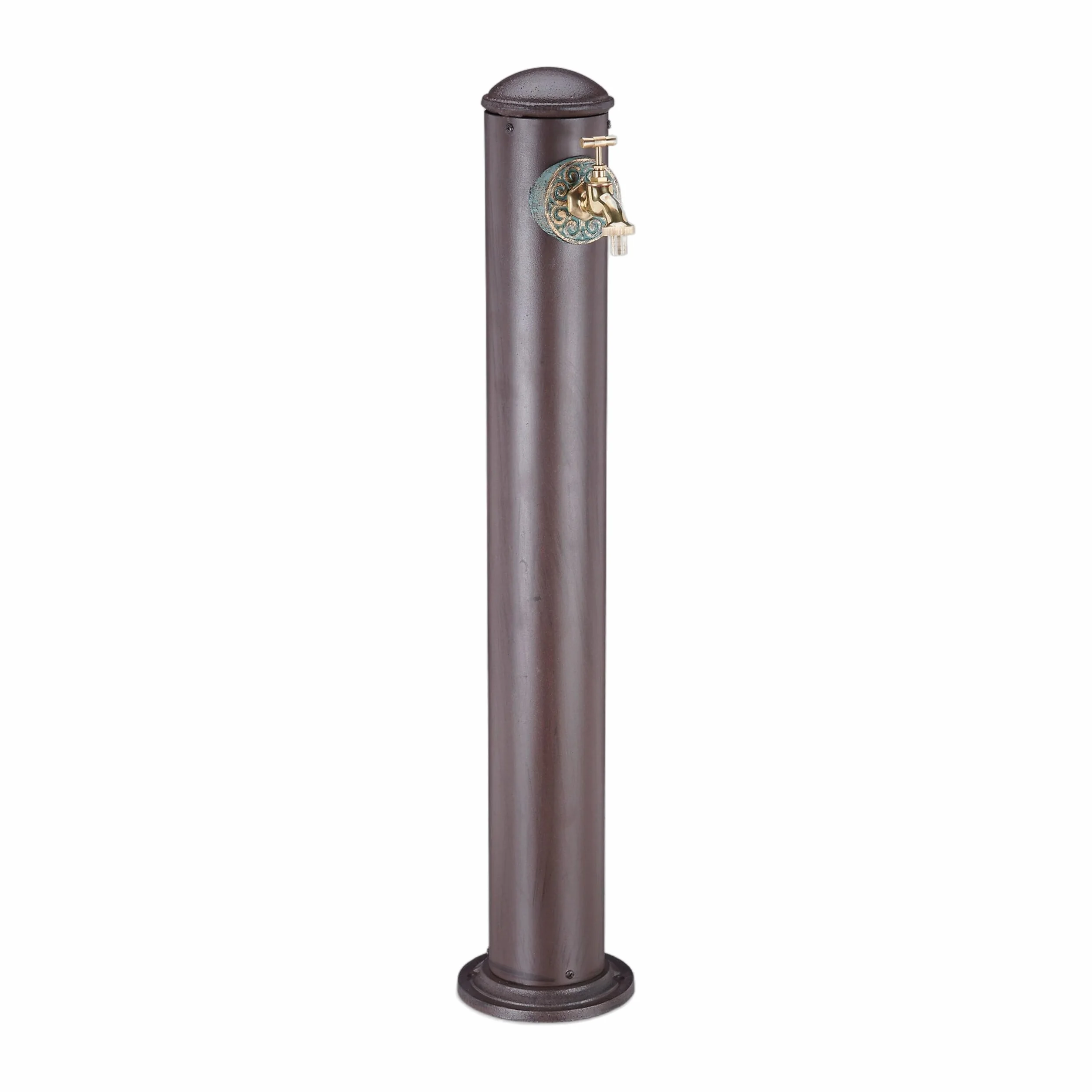 Relaxdays Fuente Jardín de Pie, Diseño Antiguo, con Grifo, Toma 3/4, Columna Redonda, Aluminio, 1 Ud., 91 cm, Marrón