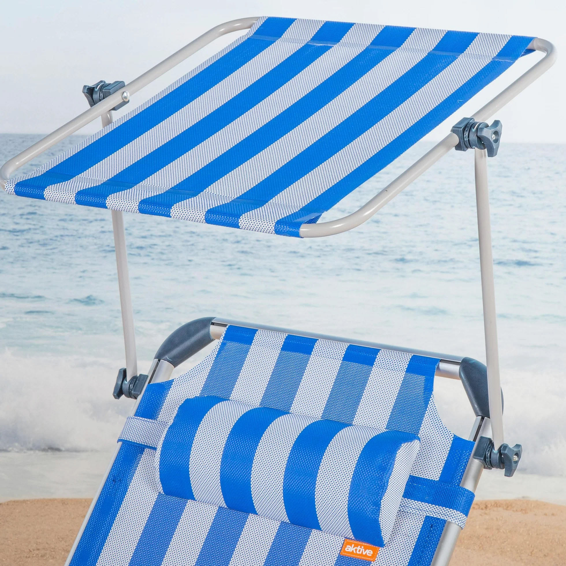 AKTIVE Hamaca Playa Plegable, Azul Rayas, 186x49x30 cm, 5 Posiciones, Topes antivuelco, Parasol, Cojín, Soporta 110 kg, Estructura Aluminio, Tumbona terraza Exterior, Hamacas jardín (62475)