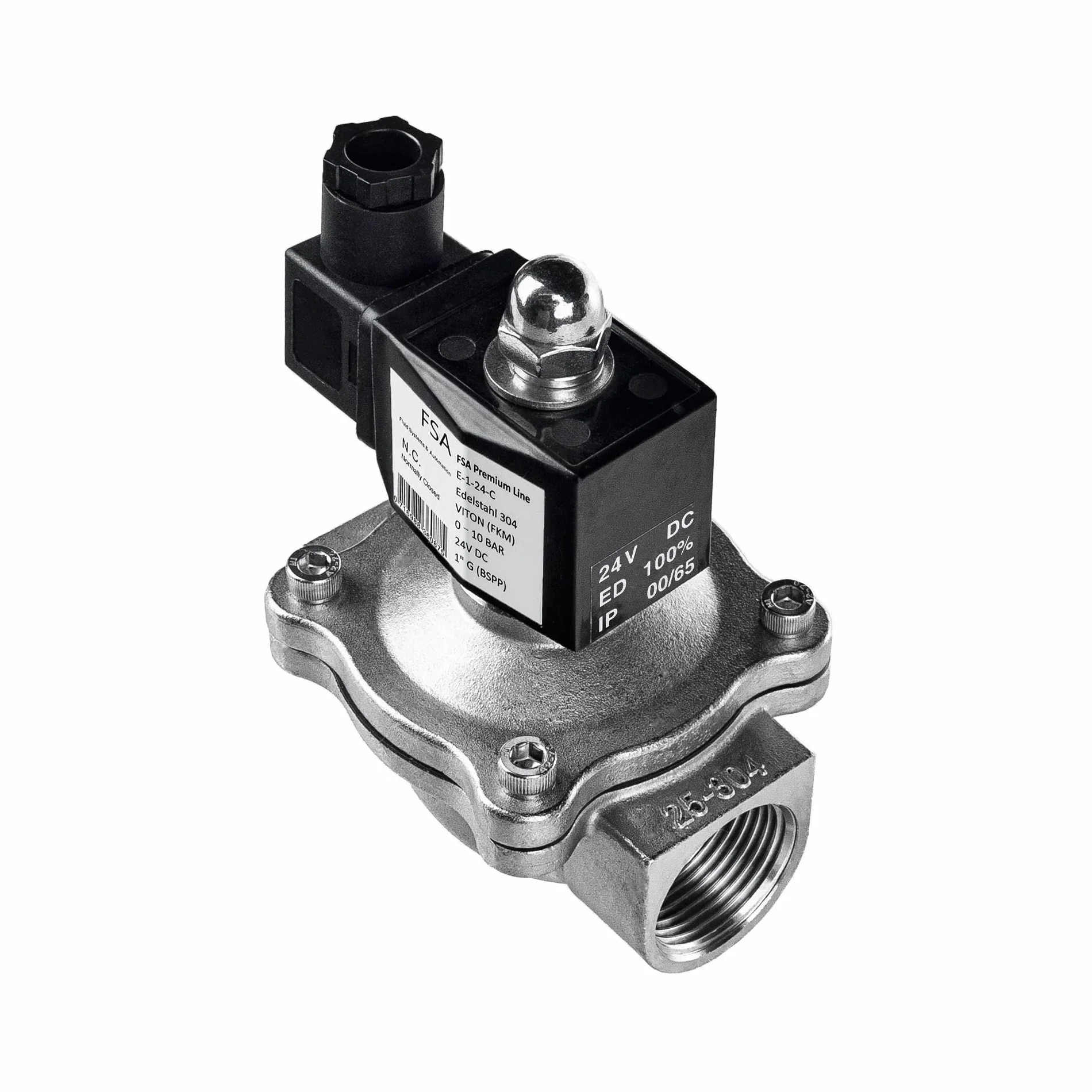 FSA Válvula Magnética de Acero Inoxidable 304 1" 24V DC 0-10 bar Viton cerrada