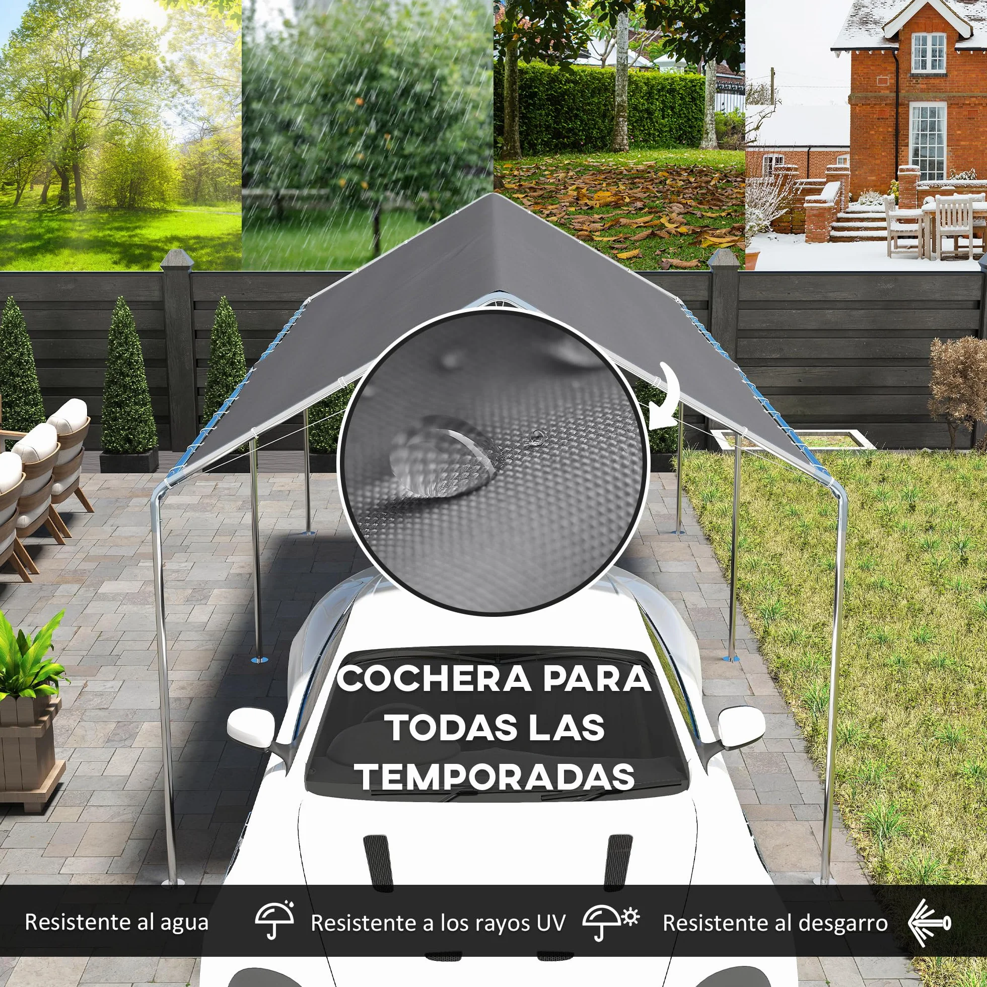 Outsunny Carpa Garaje 3x6 m Cochera Exterior Portátil Acero Galvanizado Impermeable Anti-UV Gris